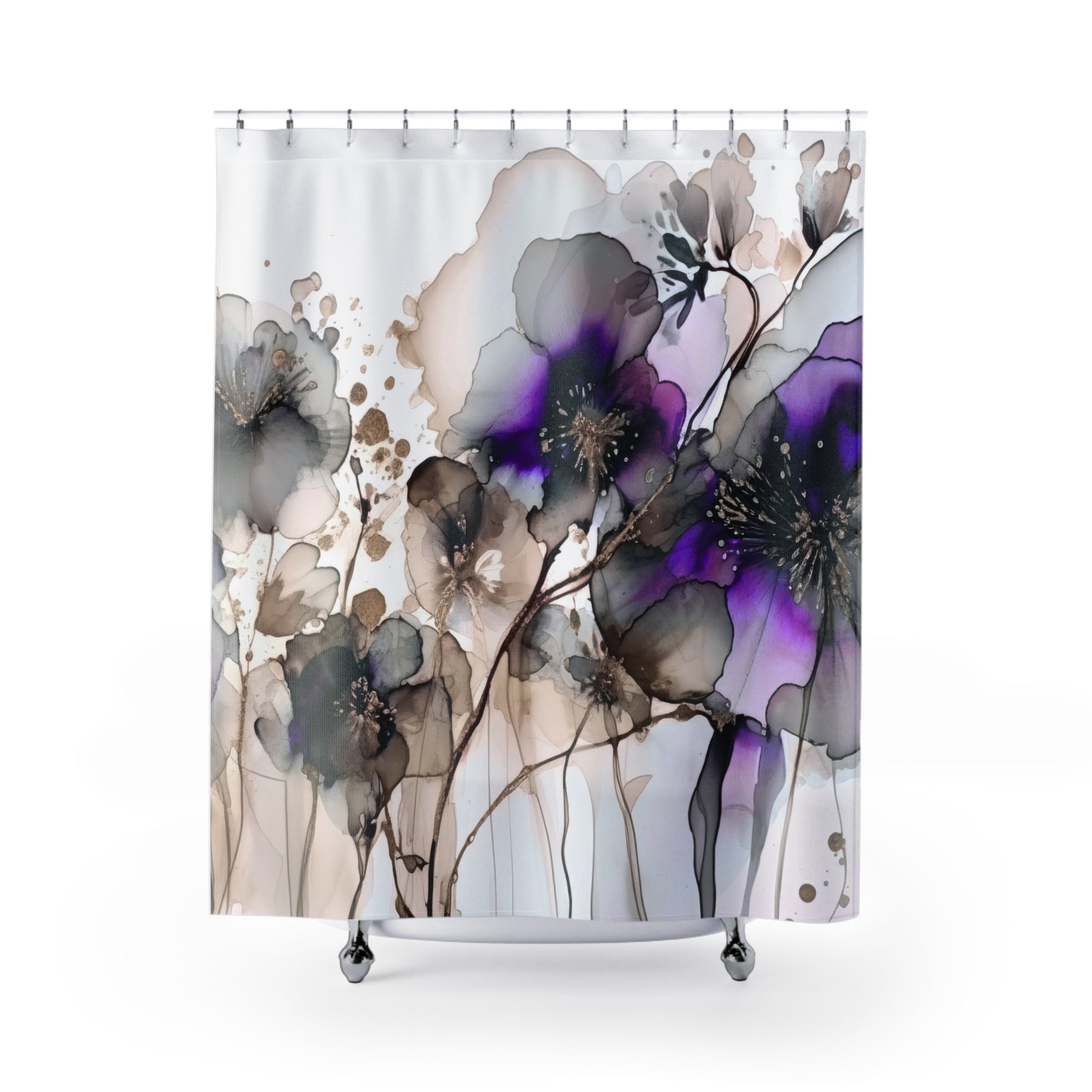a shower curtain with a floral design in shades of purple and black.