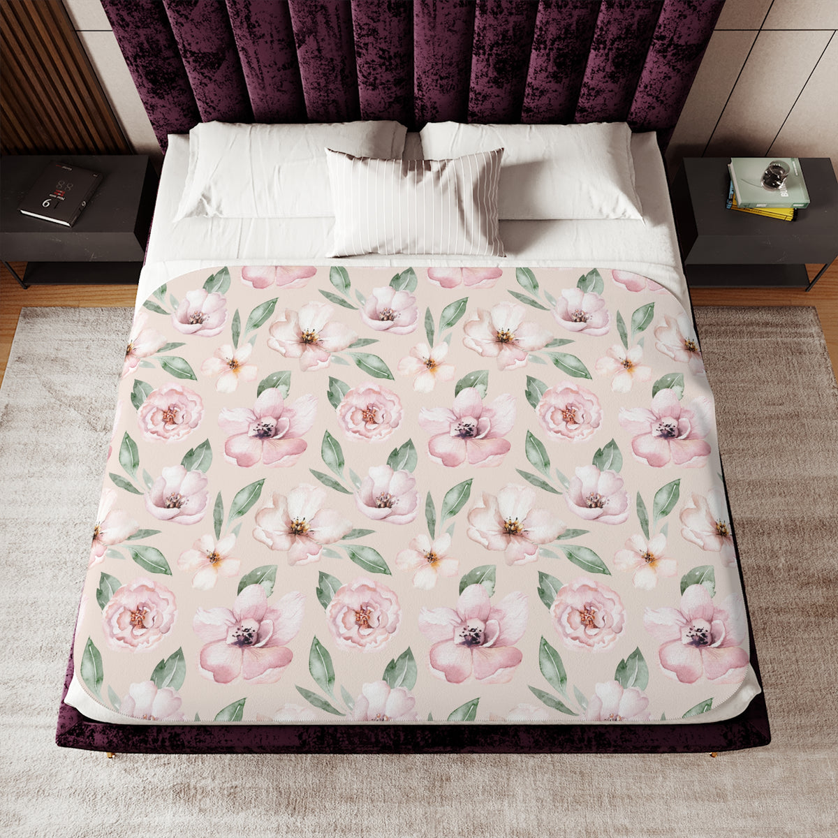 Blush Pink Watercolor Garden Rose Sherpa Blanket | Floral Throw