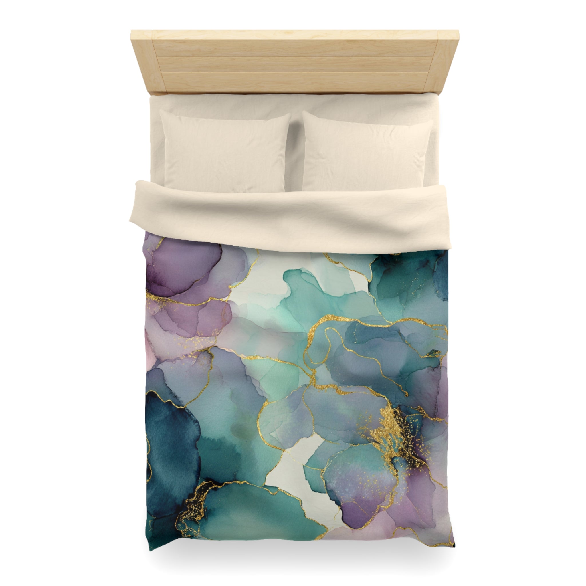 a bed with a colorful, abstract floral pattern on the comforter.