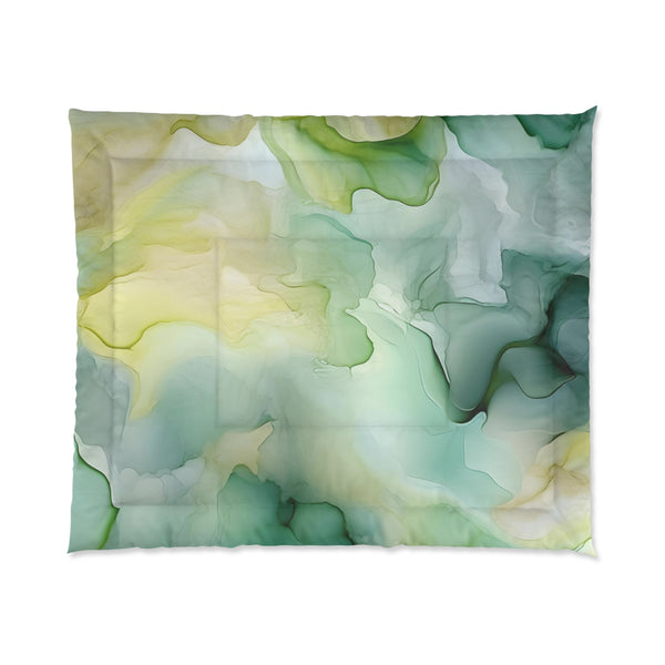 Abstract Bedding Comforter | Teal, Sage Green, Yellow Ombre Watercolor