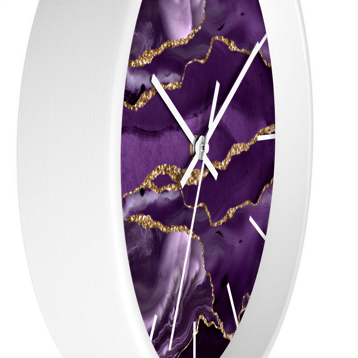 Marble Print Wood Wall Clock Purple Gold on a living room wall