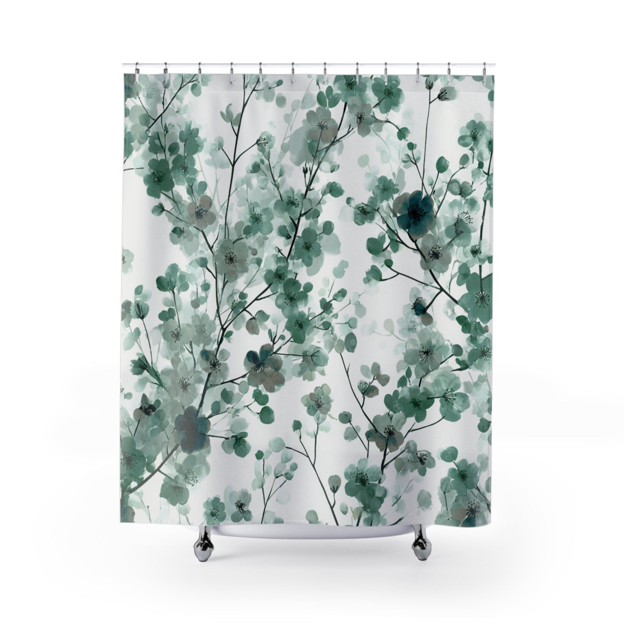 Abstract Shower Curtain | Floral Sage Green White Leaves
