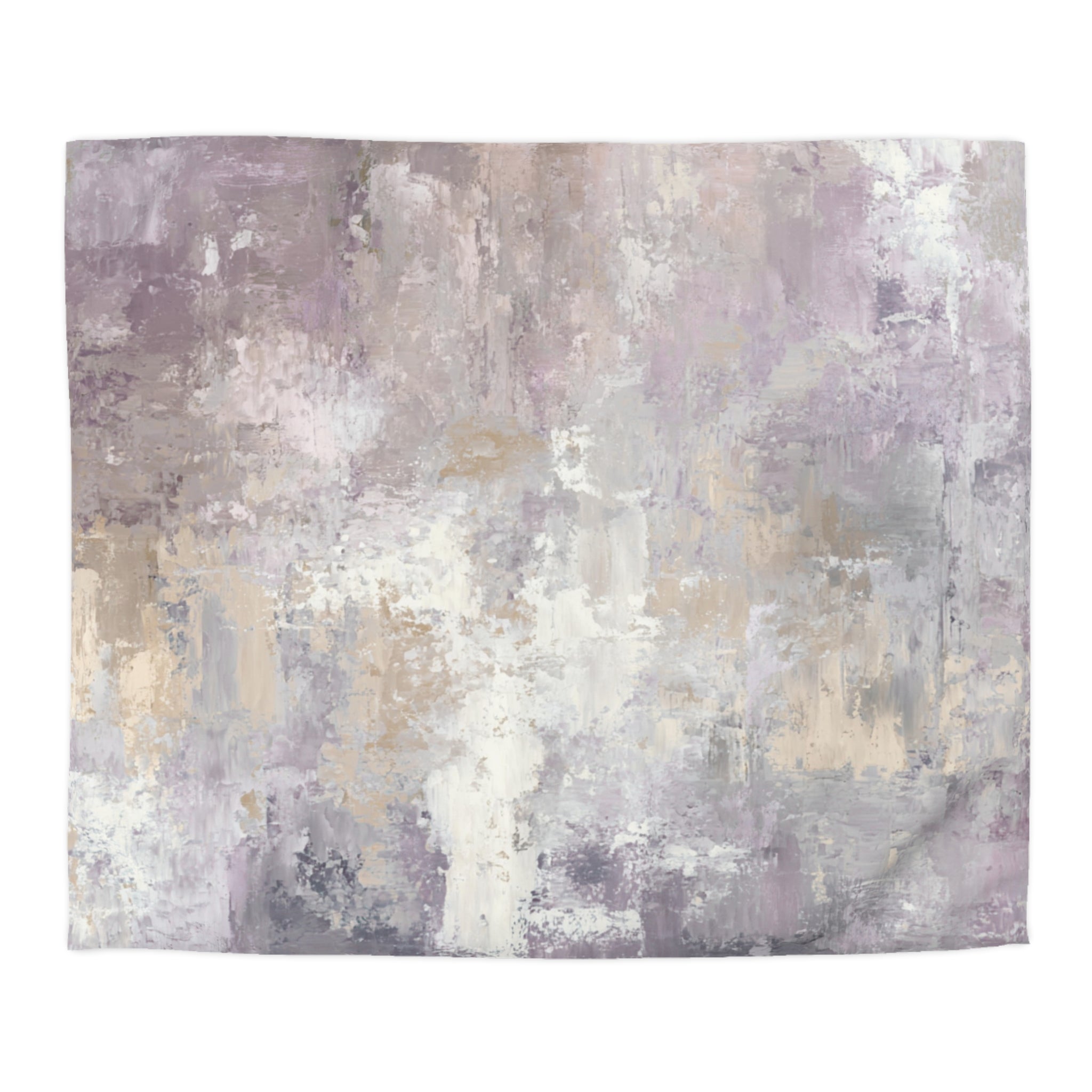 The image is an abstract painting with a textured, layered appearance in shades of purple and gray.