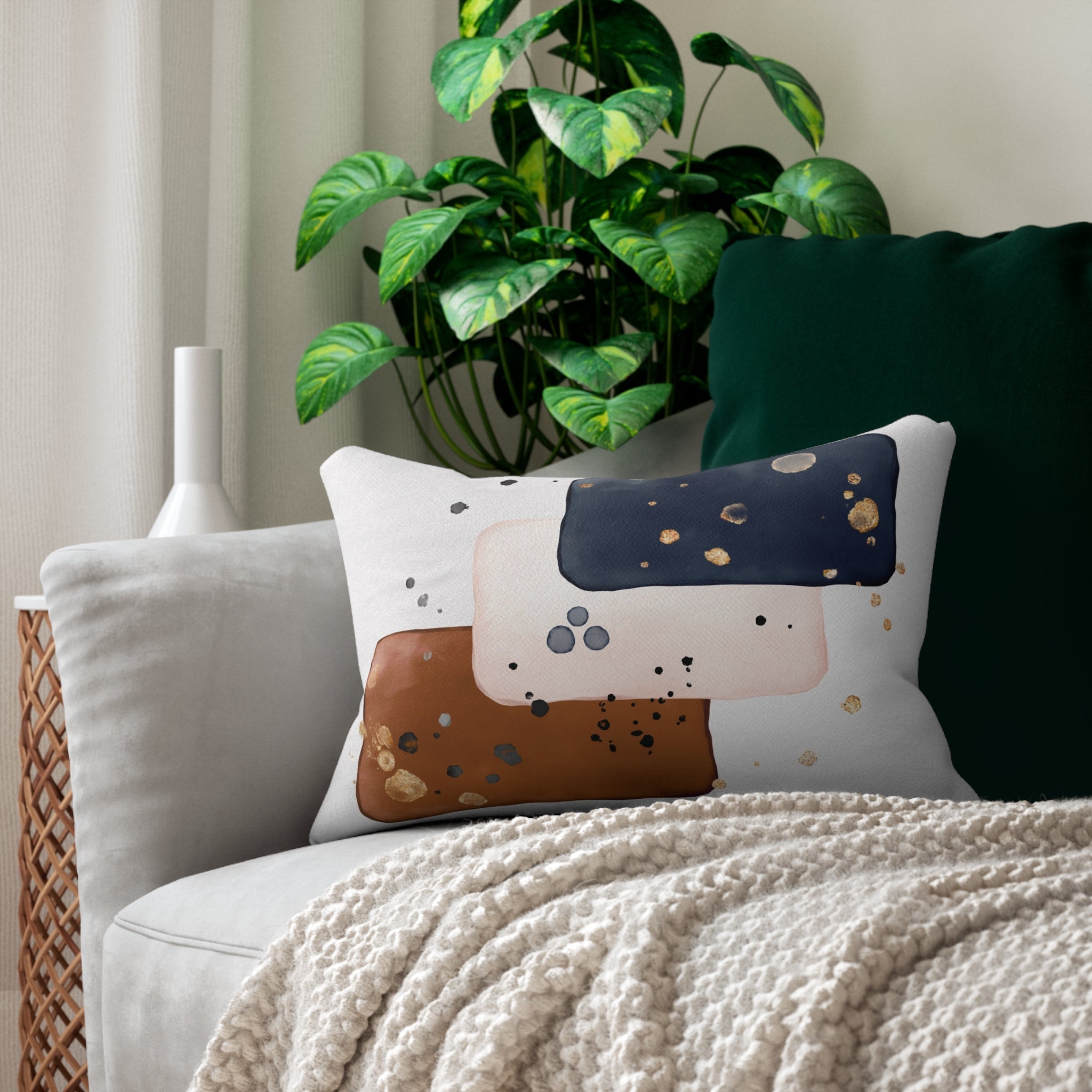 Abstract Geometric Lumbar Pillow | White Navy Blue Rust Watercolor