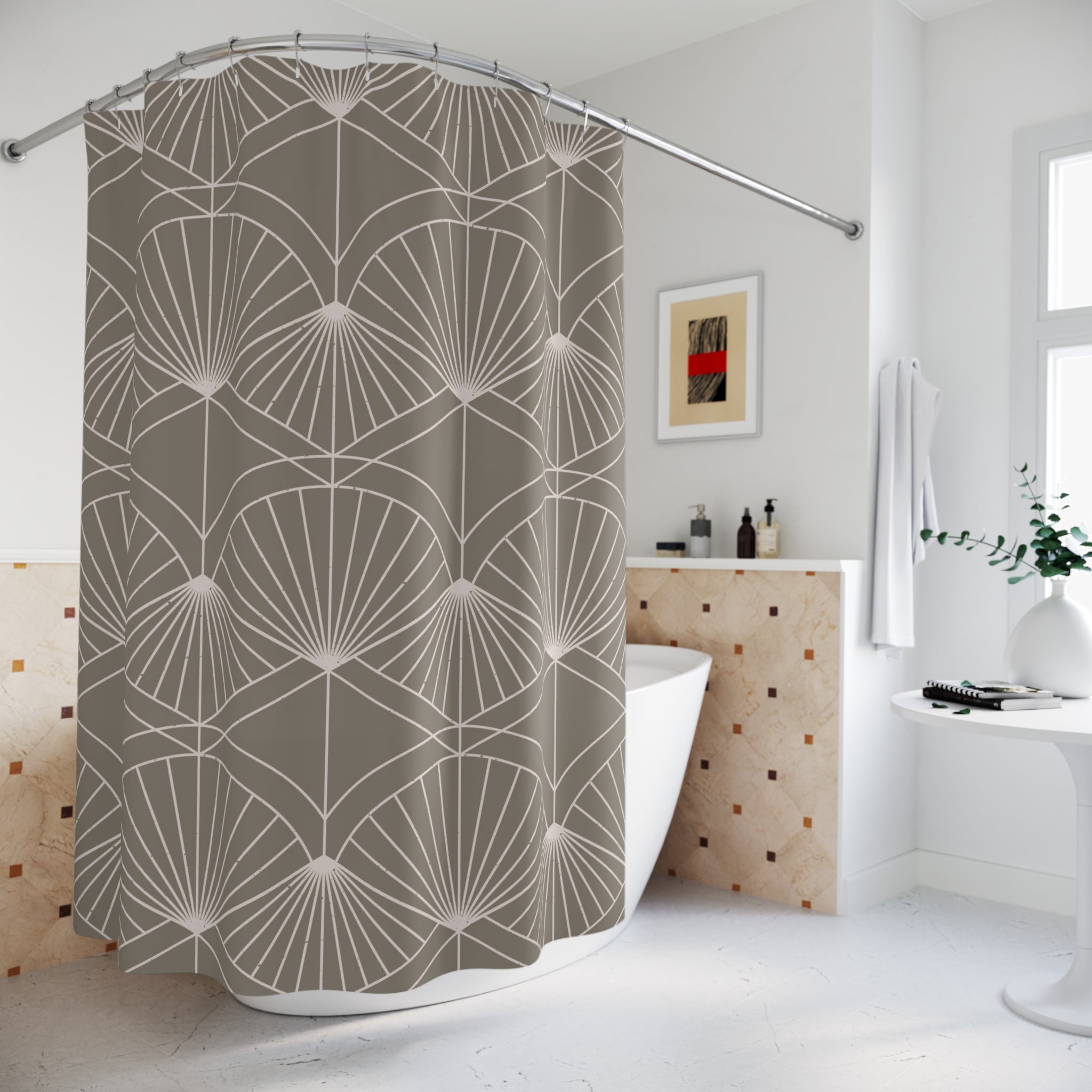 Art Deco Shower Curtain | Geometric Fan Taupe Bath Curtain