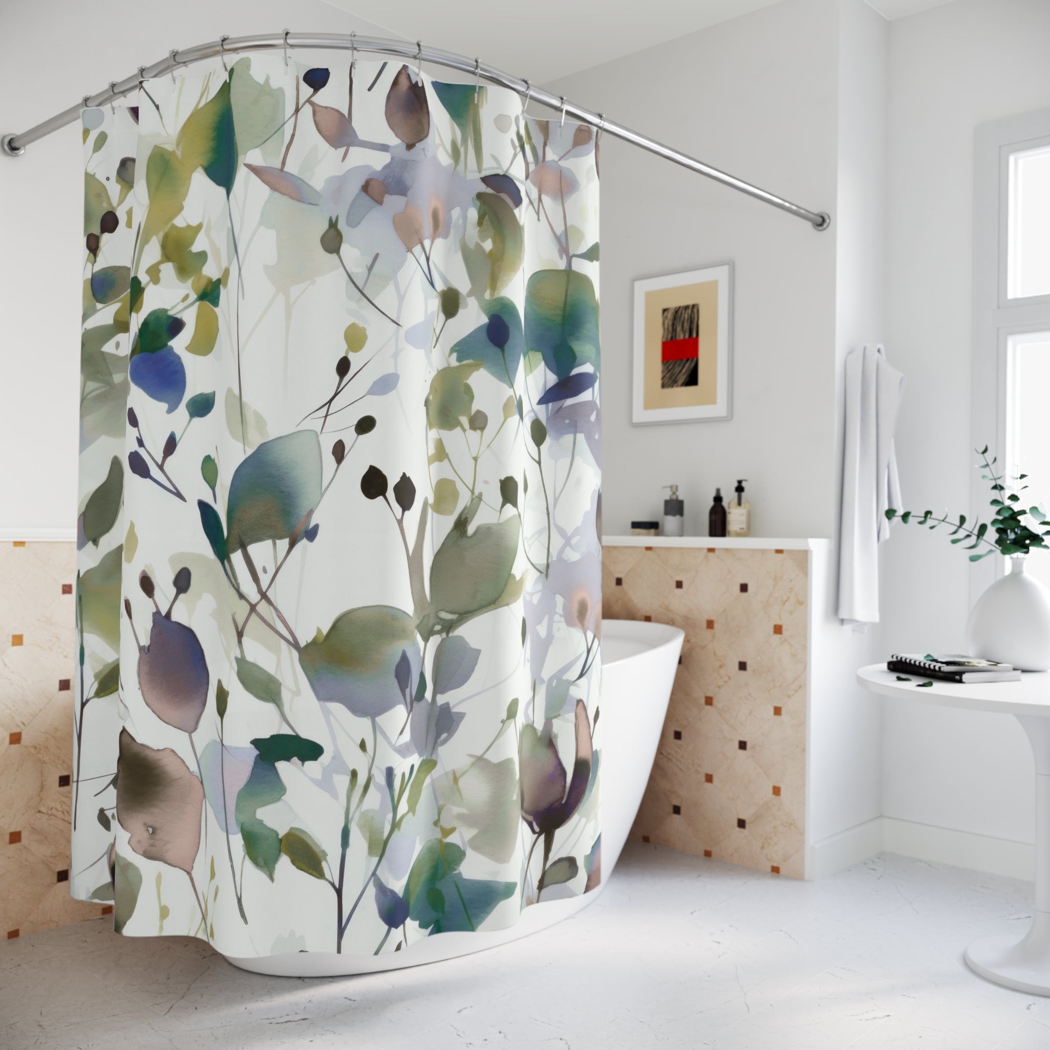 Boho Shower Curtain | Sage Green White, Colorful Floral Watercolor