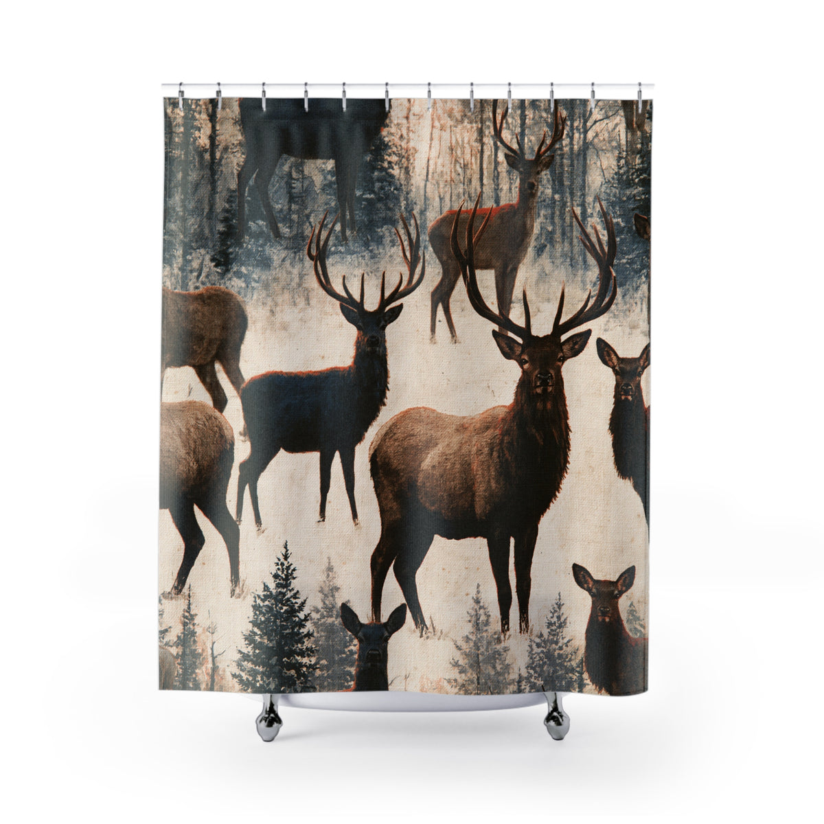 Brown Cream Rustic Deer Herd Shower Curtain, Bath Curtain 71x74