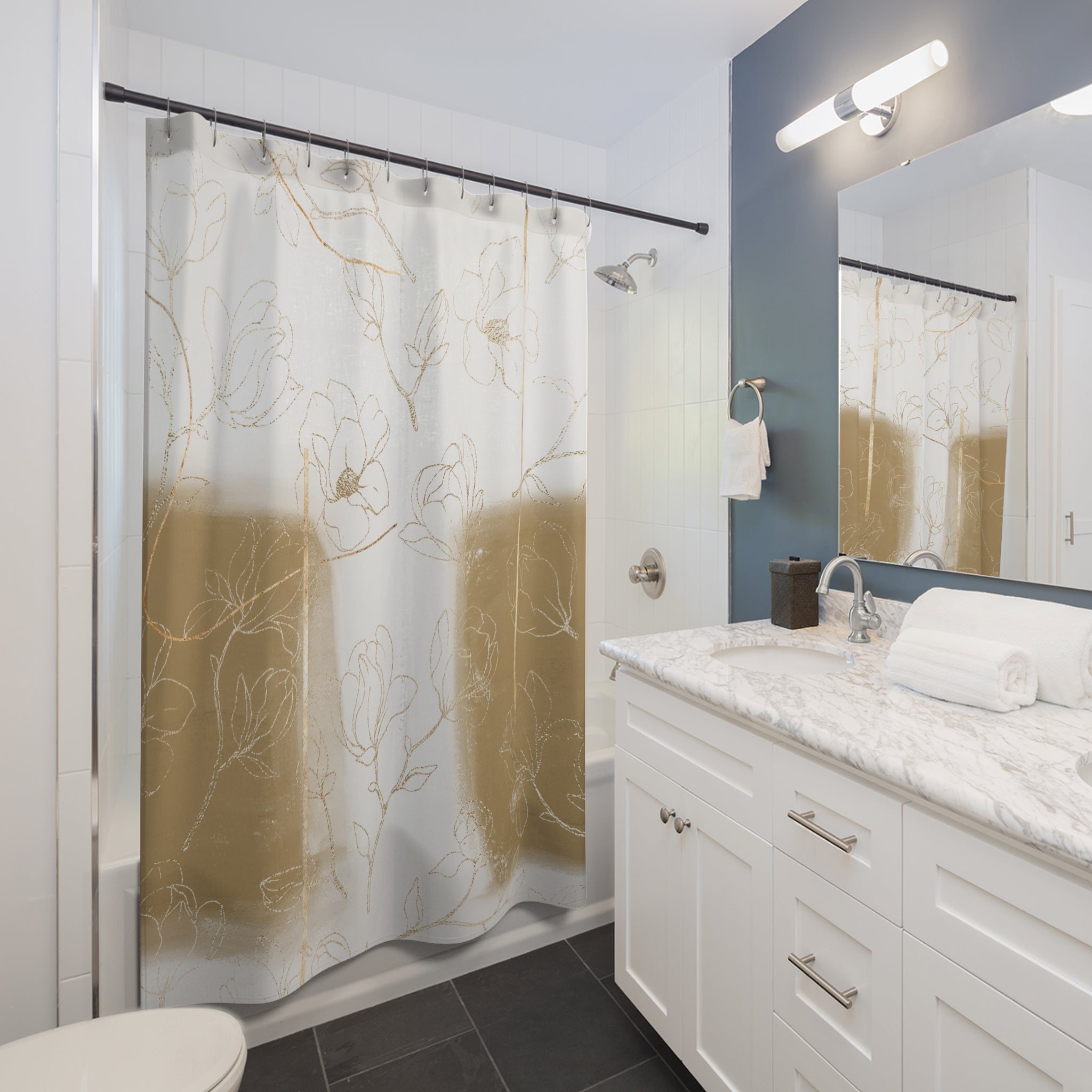 Boho Abstract Shower Curtain | Camel Beige White Floral Line Art