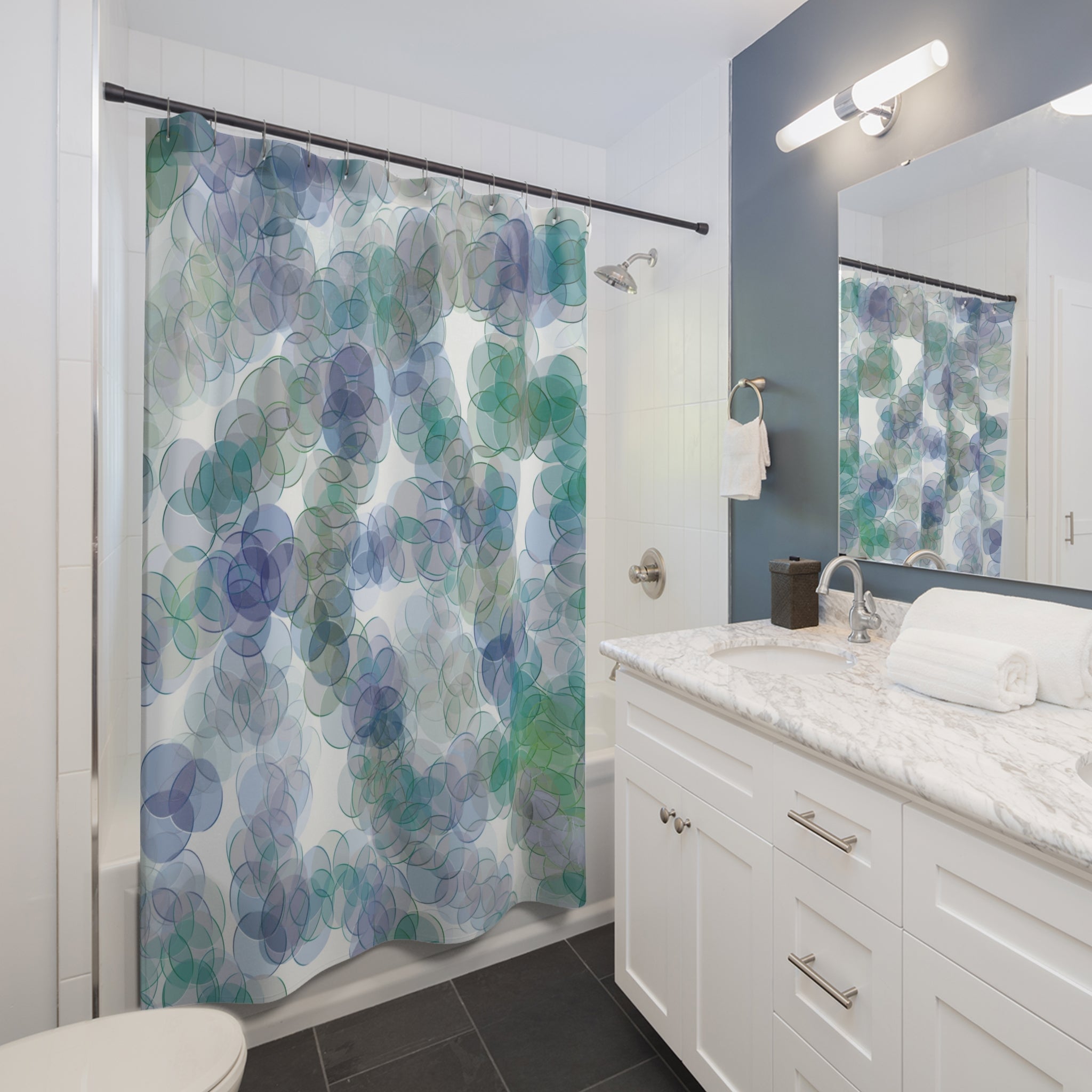 Boho Shower Curtain | Colorful Bubbles Green Blue White Watercolor