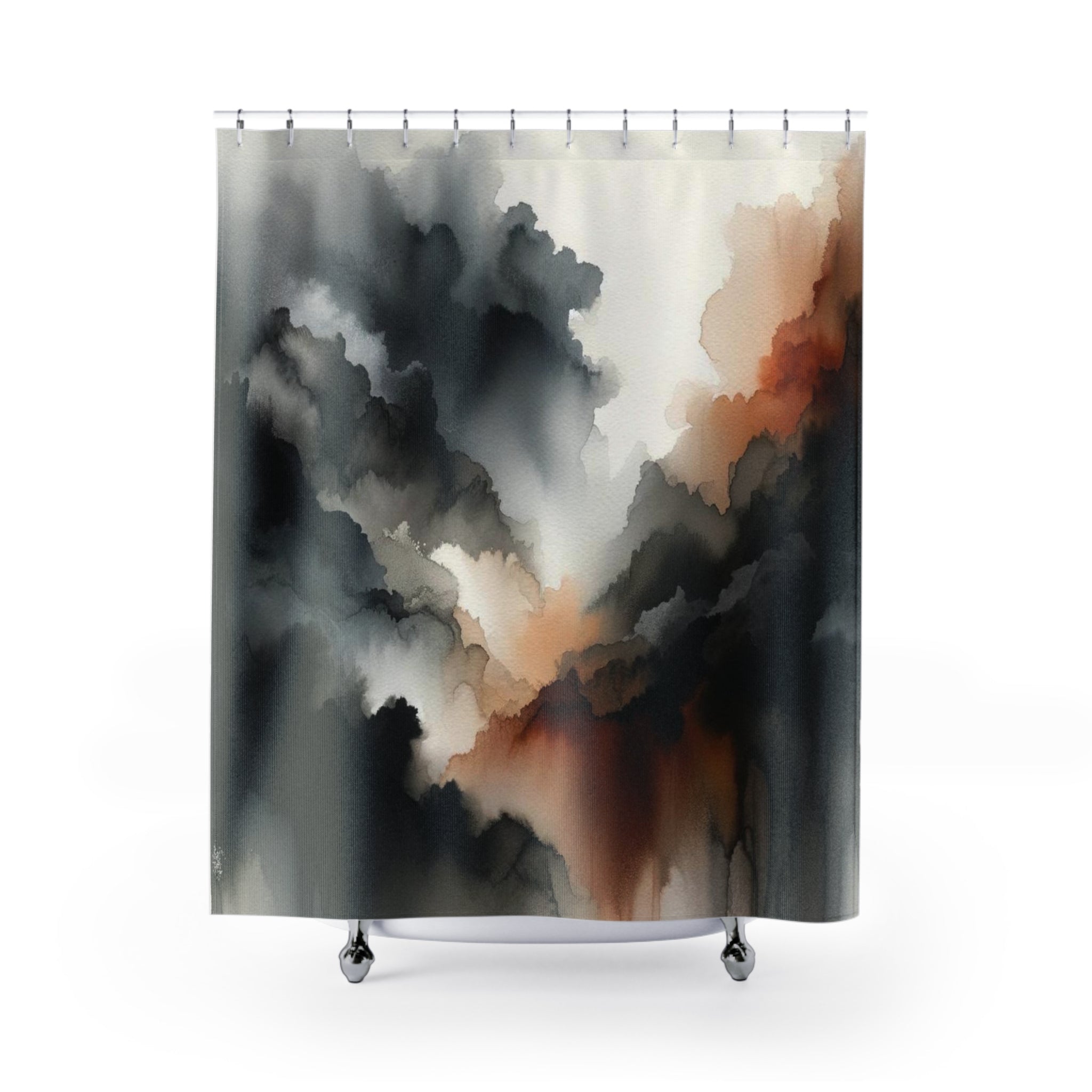 a shower curtain with a painting on it