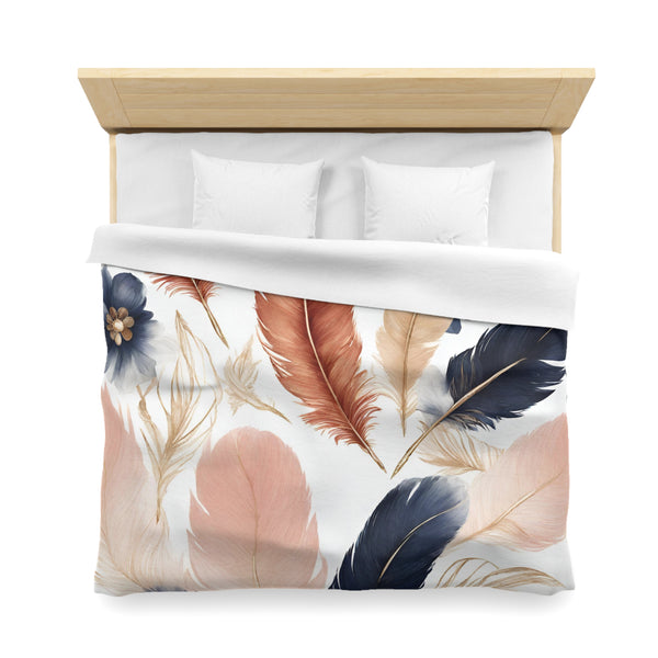 Boho Duvet Cover | Rust Blue, Pink Feathers