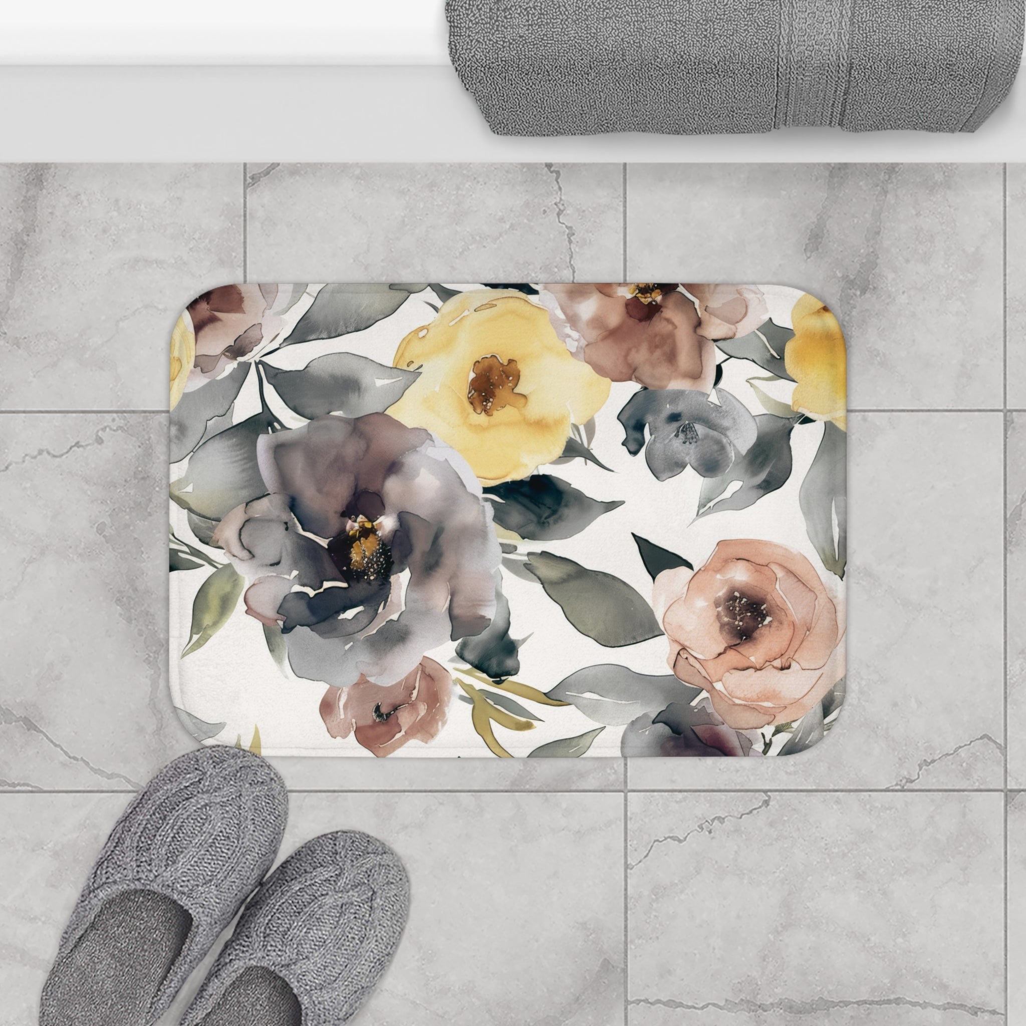 Boho Kitchen, Bath Mat | Floral Grey, Peach Yellow Roses Floor Mat