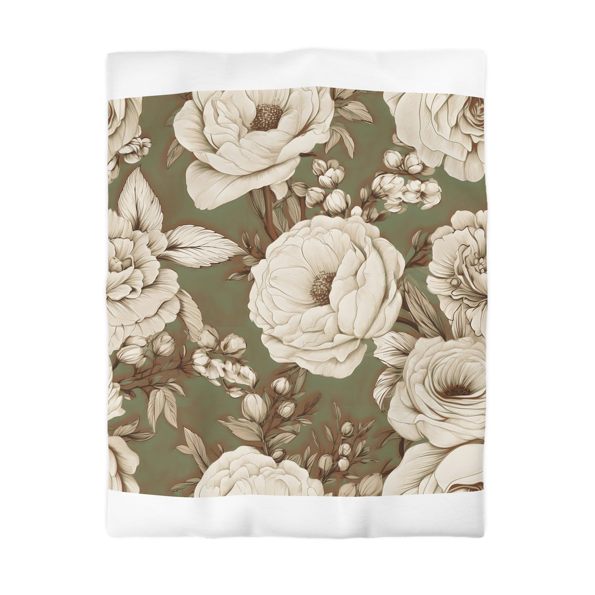a floral pattern with white and beige flowers and leaves against a green background.