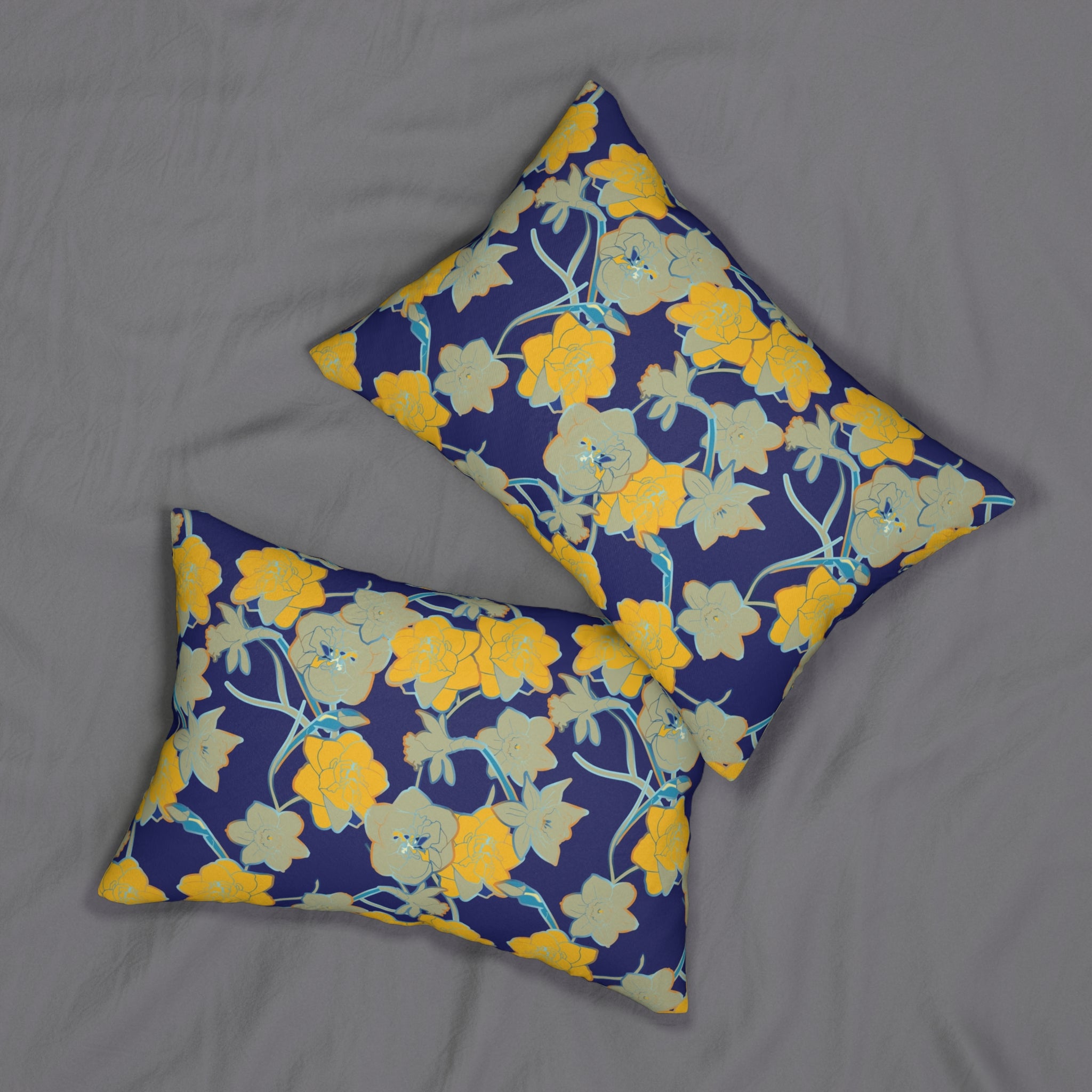 Floral Lumbar Pillow | Indigo Blue, Sage Green, Yellow Botanical