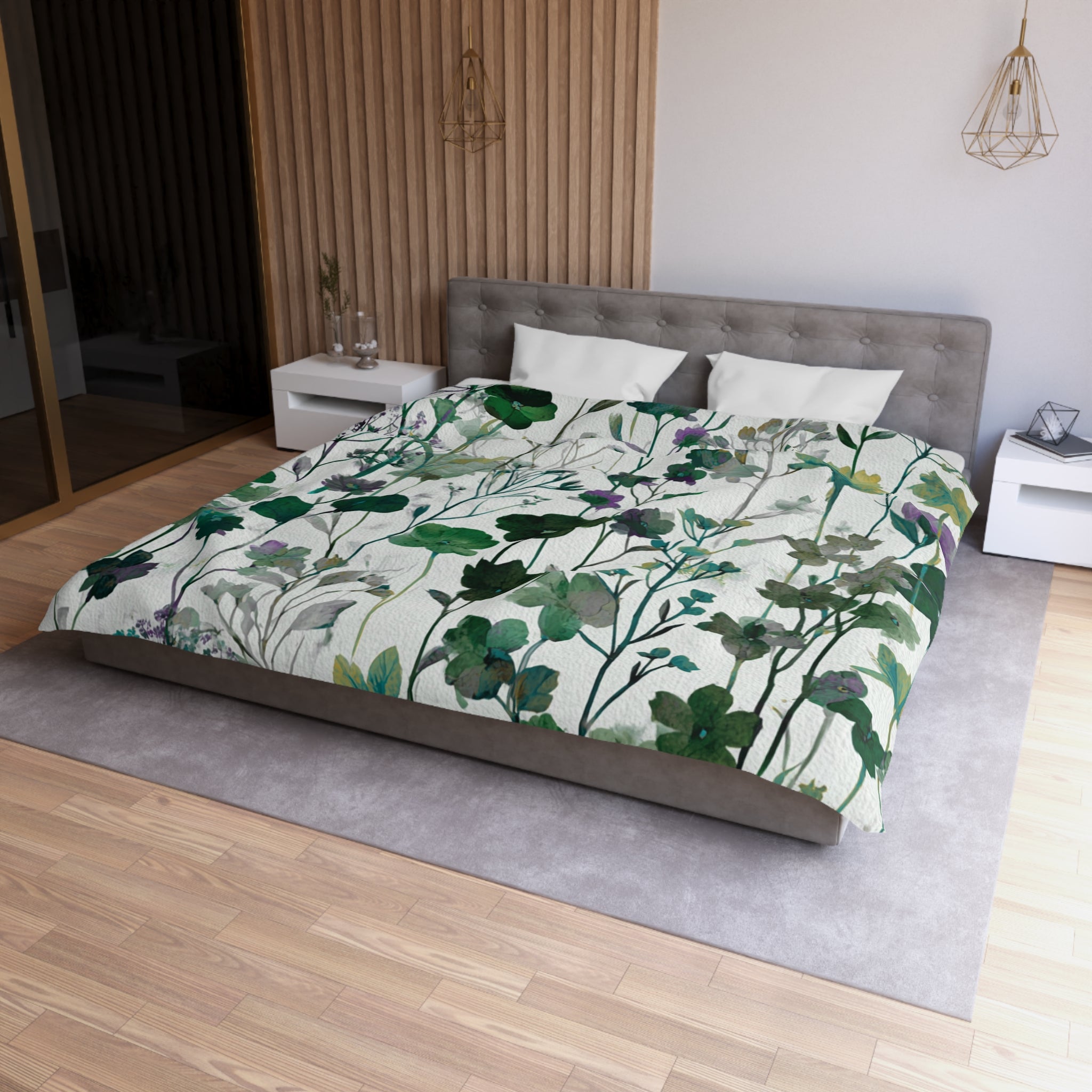 Floral Modern Duvet, Pillow Cover | White Green Bedroom Decor