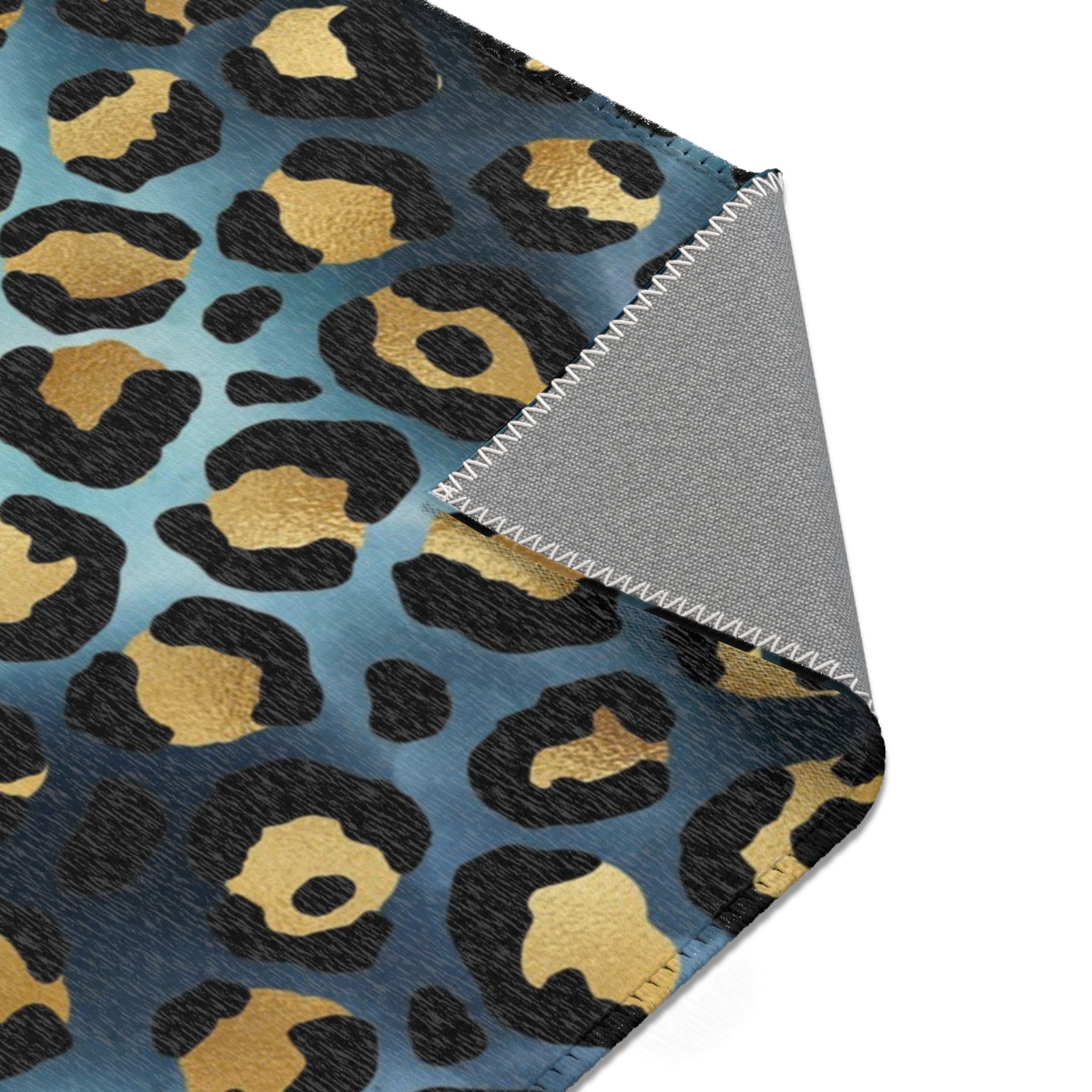 Boho Area Rug | Teal Blue Grey, Black Beige Leopard