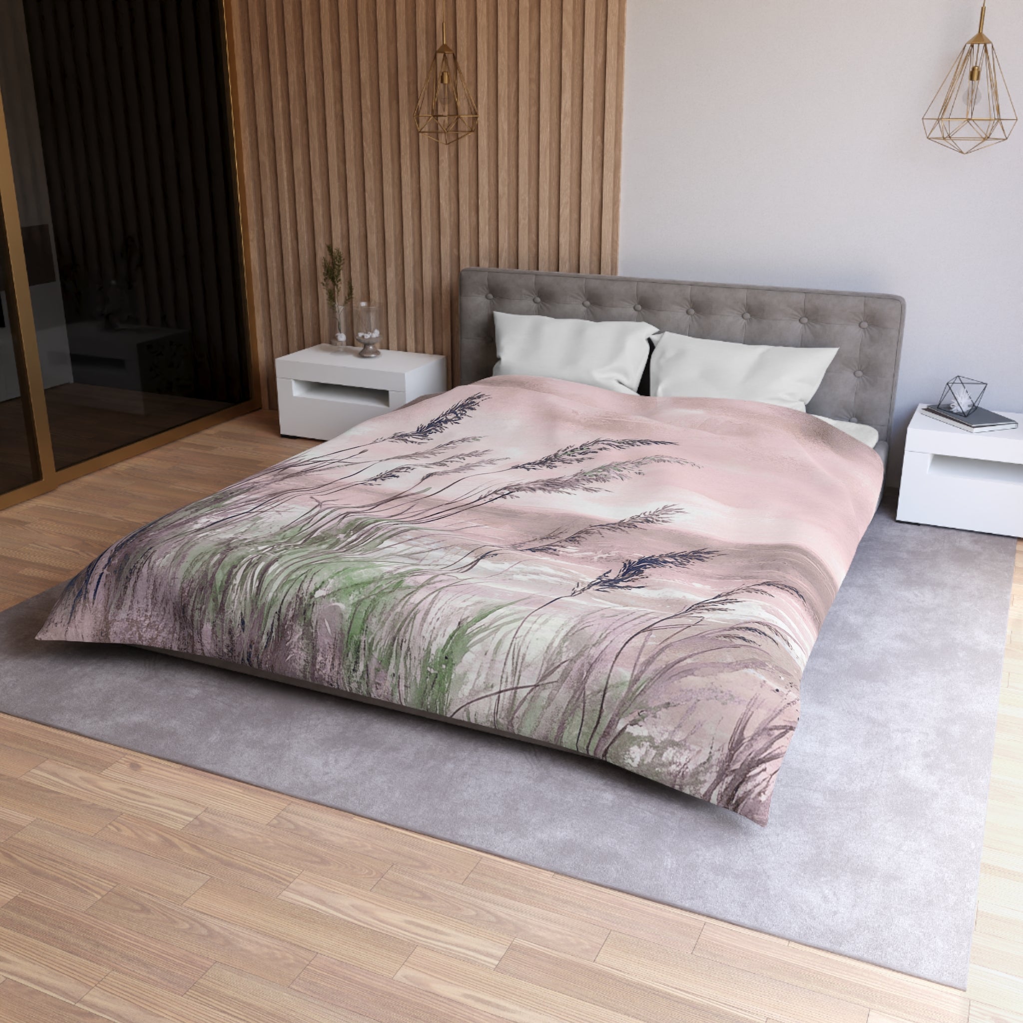 Costal Beach Duvet Cover | Blush Pink, Green Ocean Bedding Boho Decor