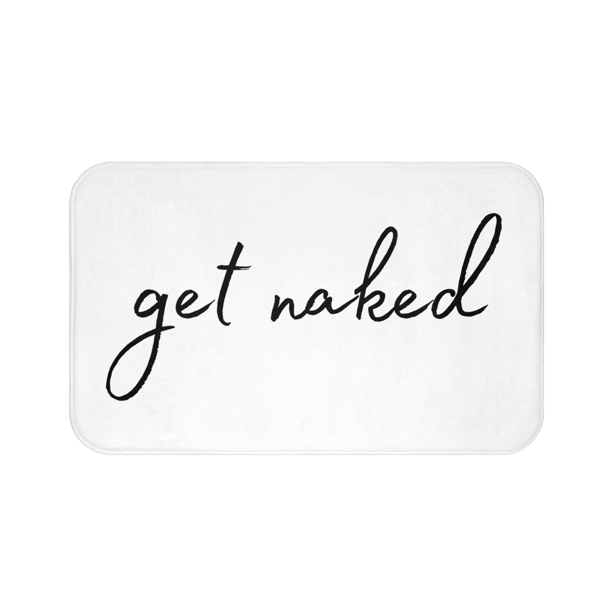 a black and white get naked bath mat