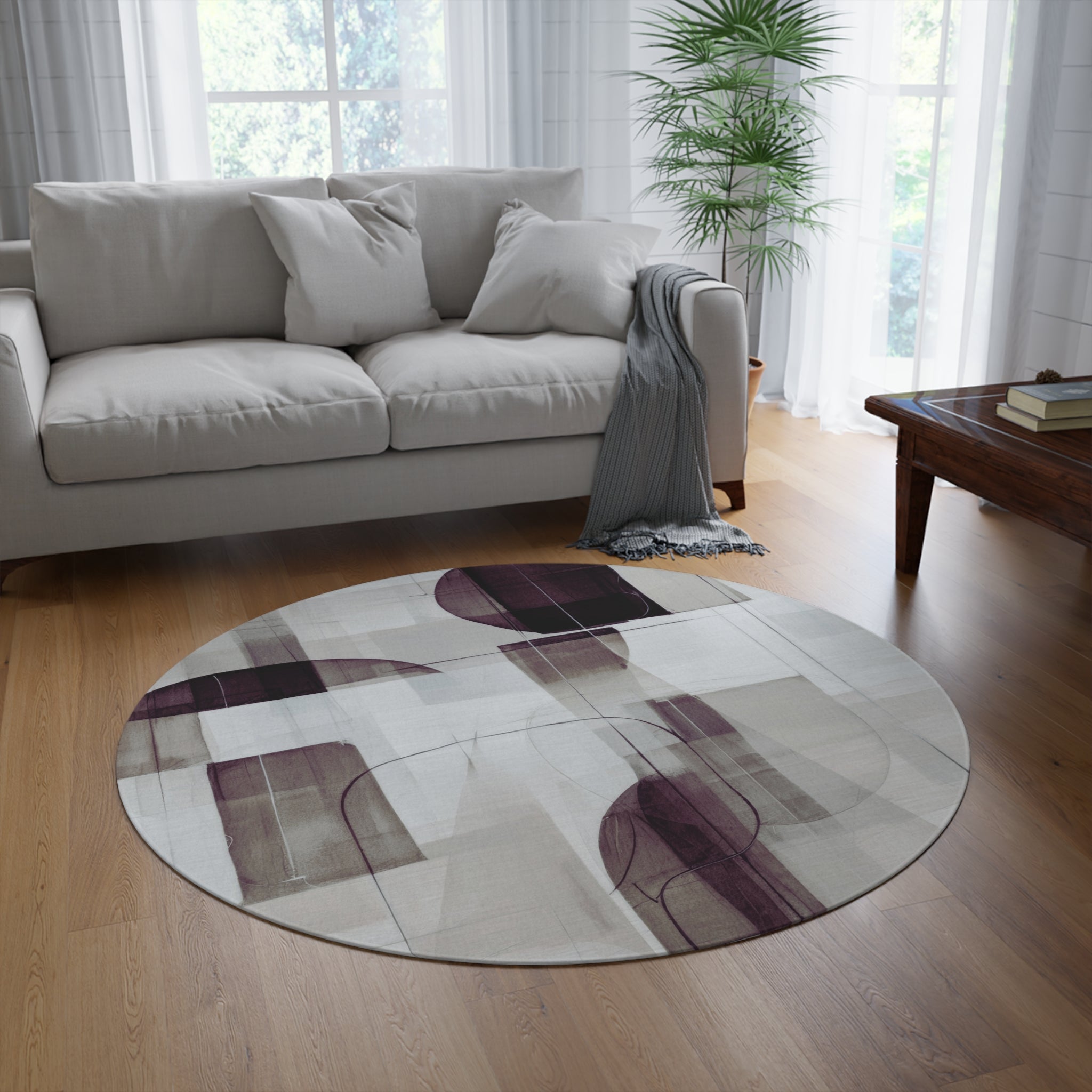 Abstract Round Area Rug | Grey, Purple Mauve