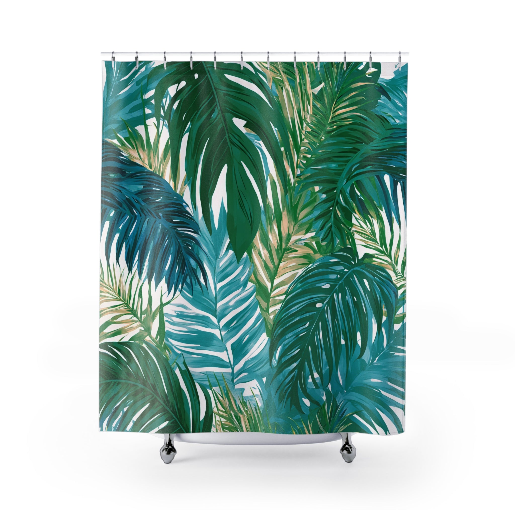 Boho Shower Curtain | Jungle Palm Leaves, Green Blue