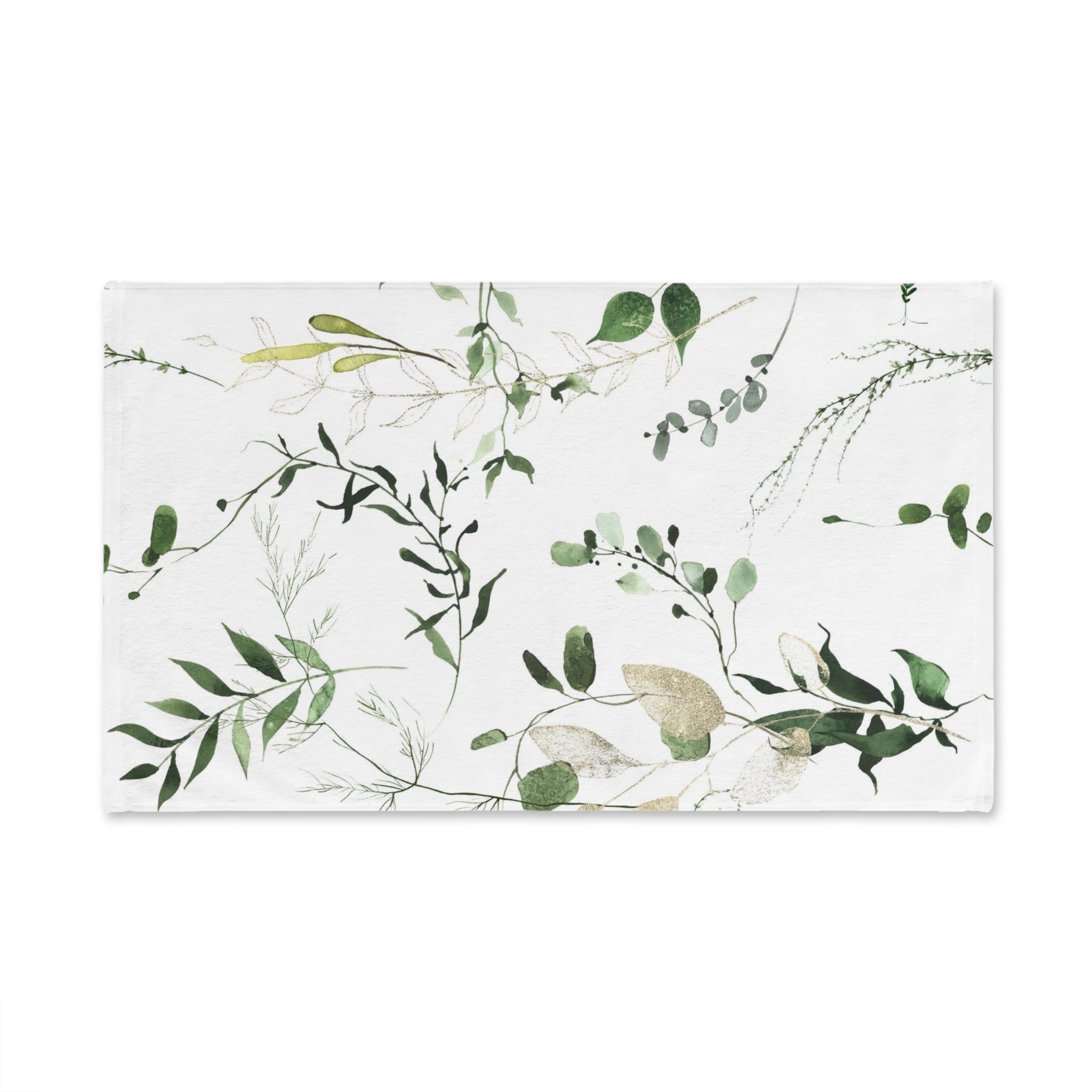 Floral Boho Kitchen, Bath Hand Towel | Watercolor White Forest Green Leaves