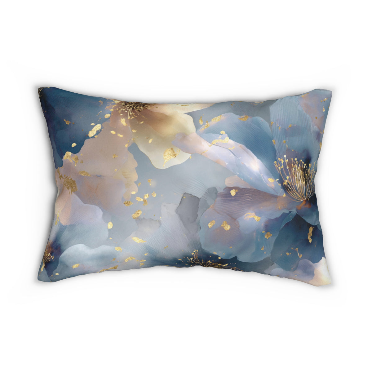 A decorative pillow with a floral pattern in shades of blue, pink, and gold.