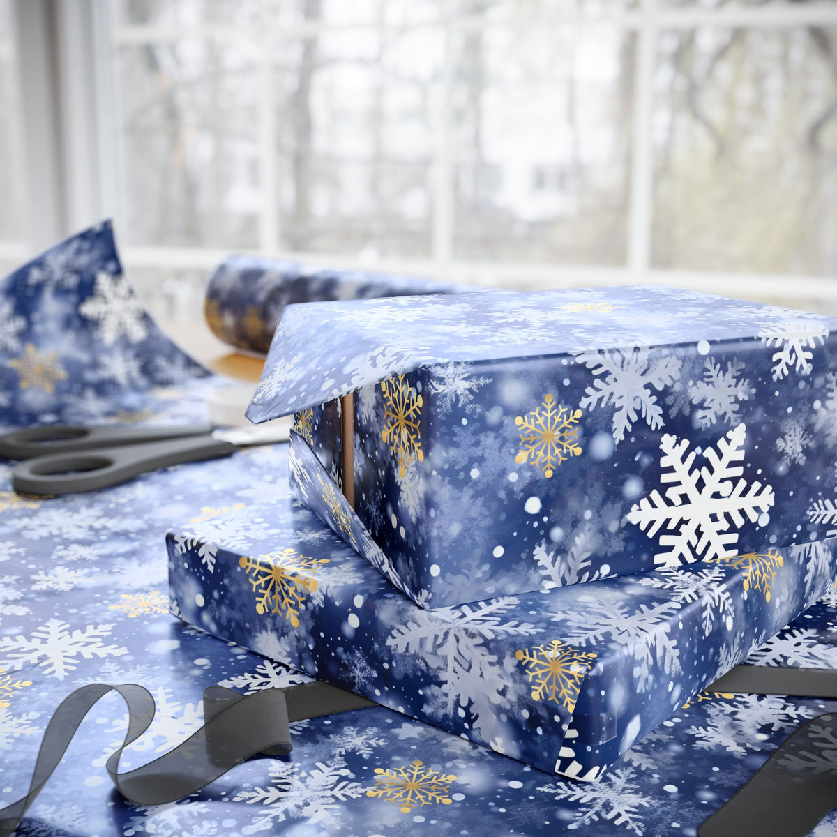 Navy Blue White Snowflake Winter Wrapping Paper, Gift Wrap