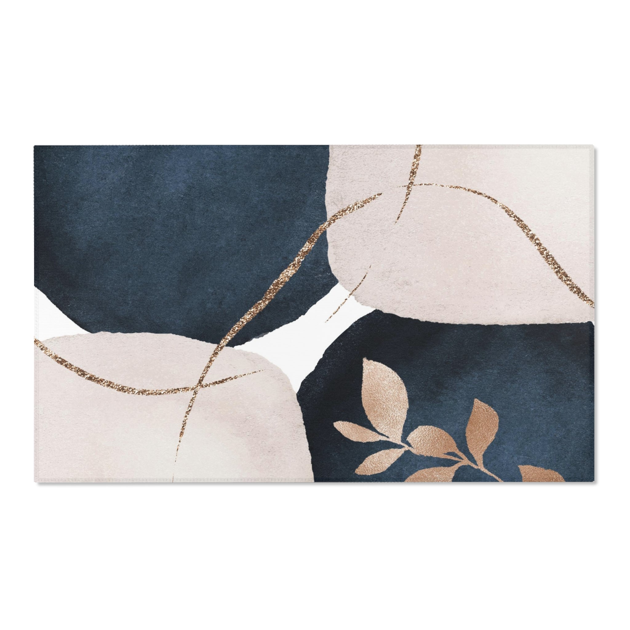 Abstract Boho Area Rug | Navy Blue, Beige Ivory Gold Leaves