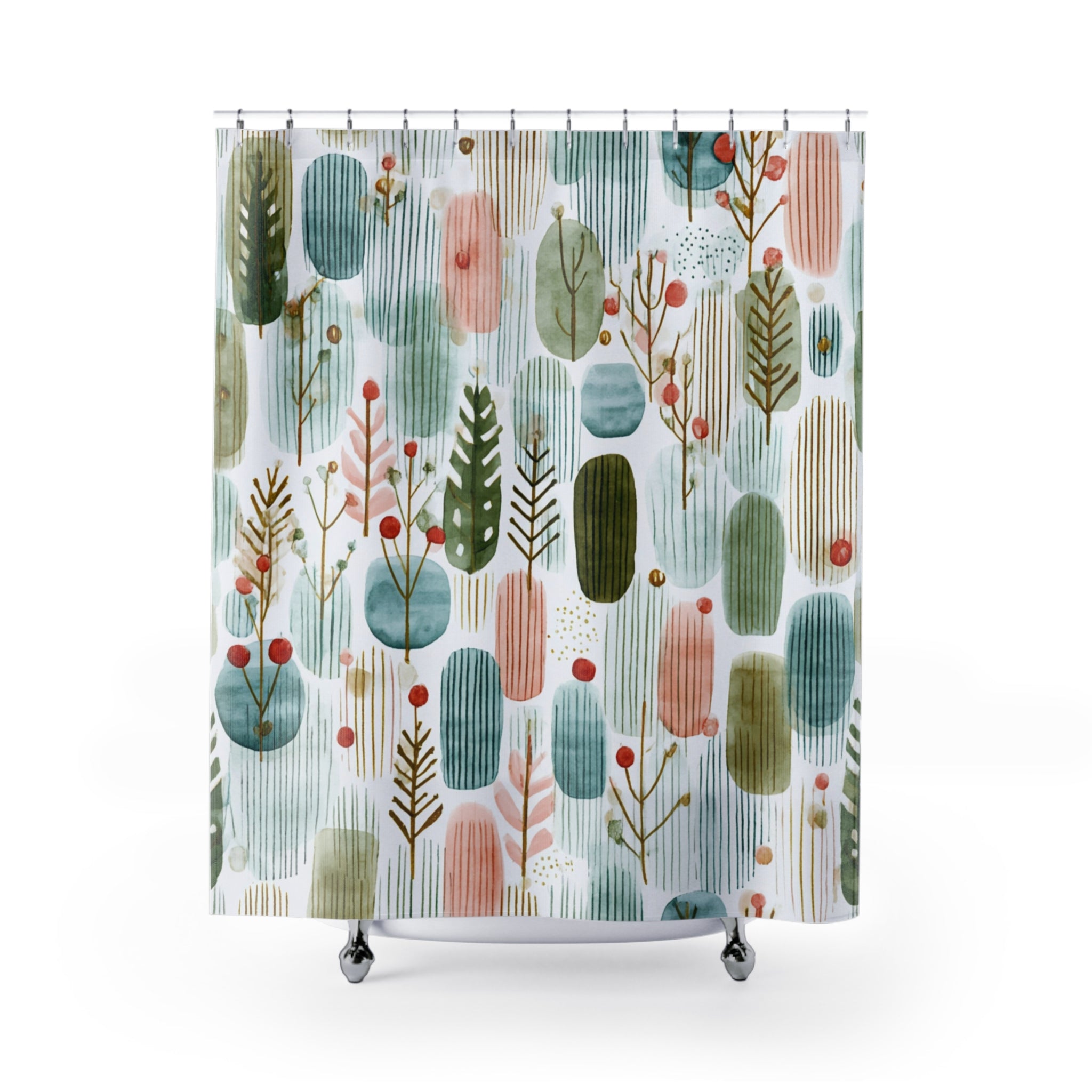 Boho Shower Curtain | Winter Watercolor Pastel Green White Leaves