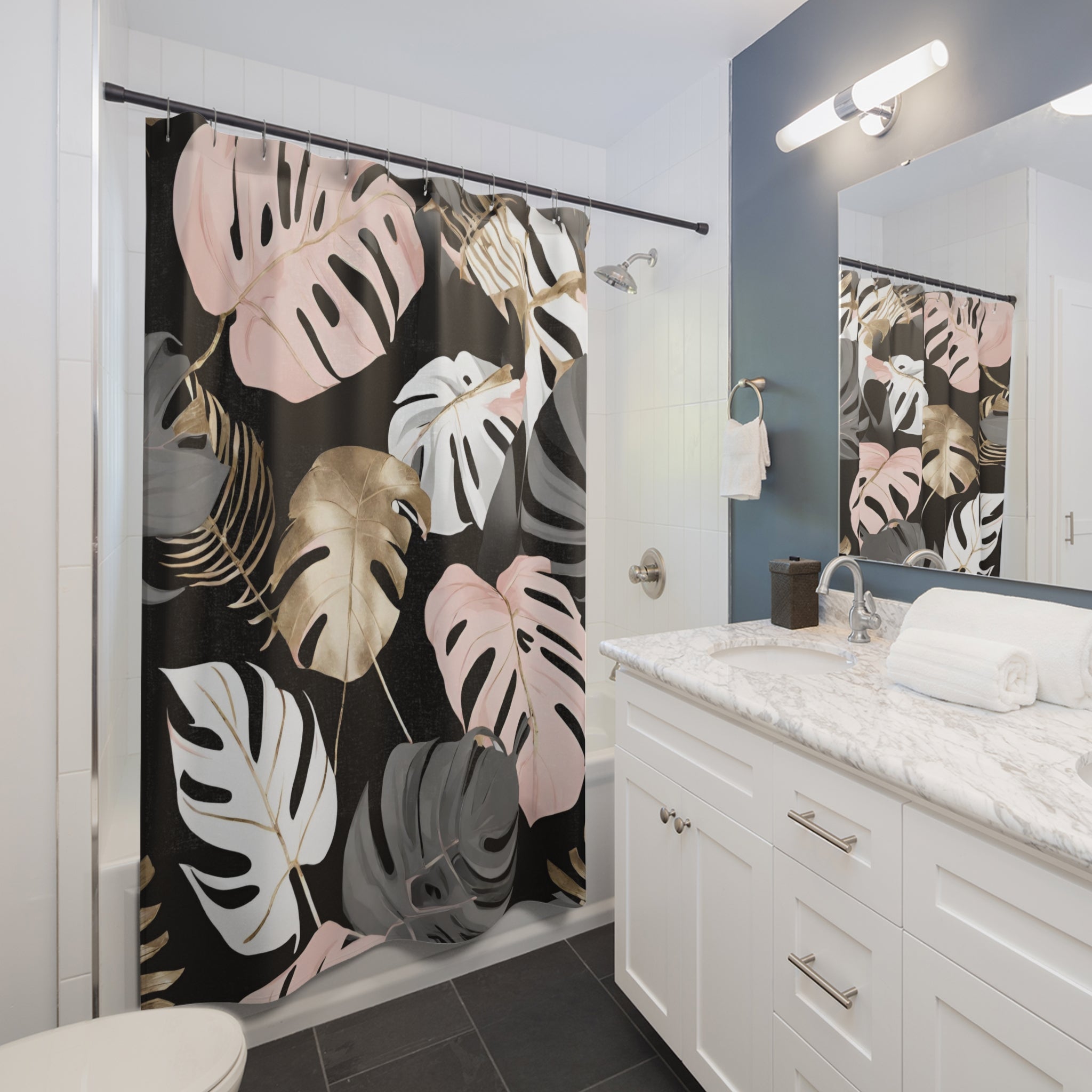 Black Floral Shower Curtain | Blush Pink White Leaves Bathroom