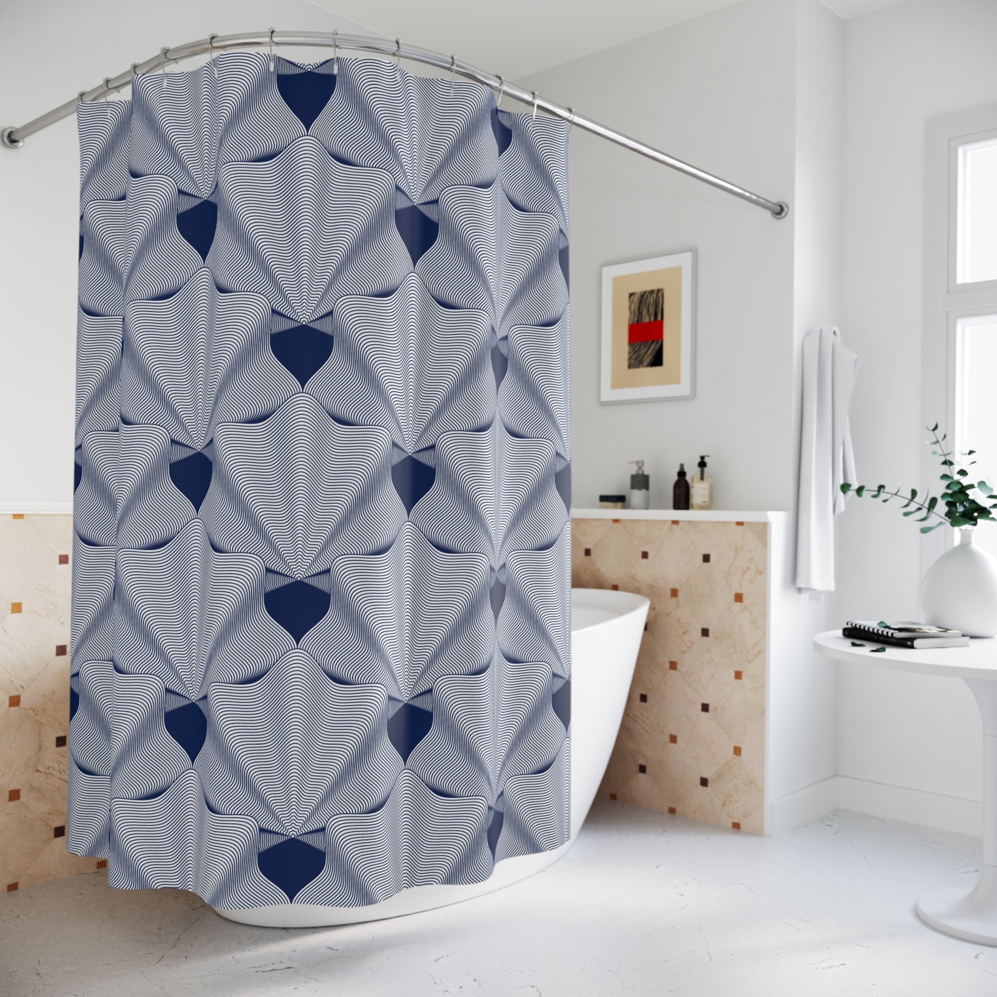 Boho Shell Shower Curtain | Art Deco Pattern, Blue white