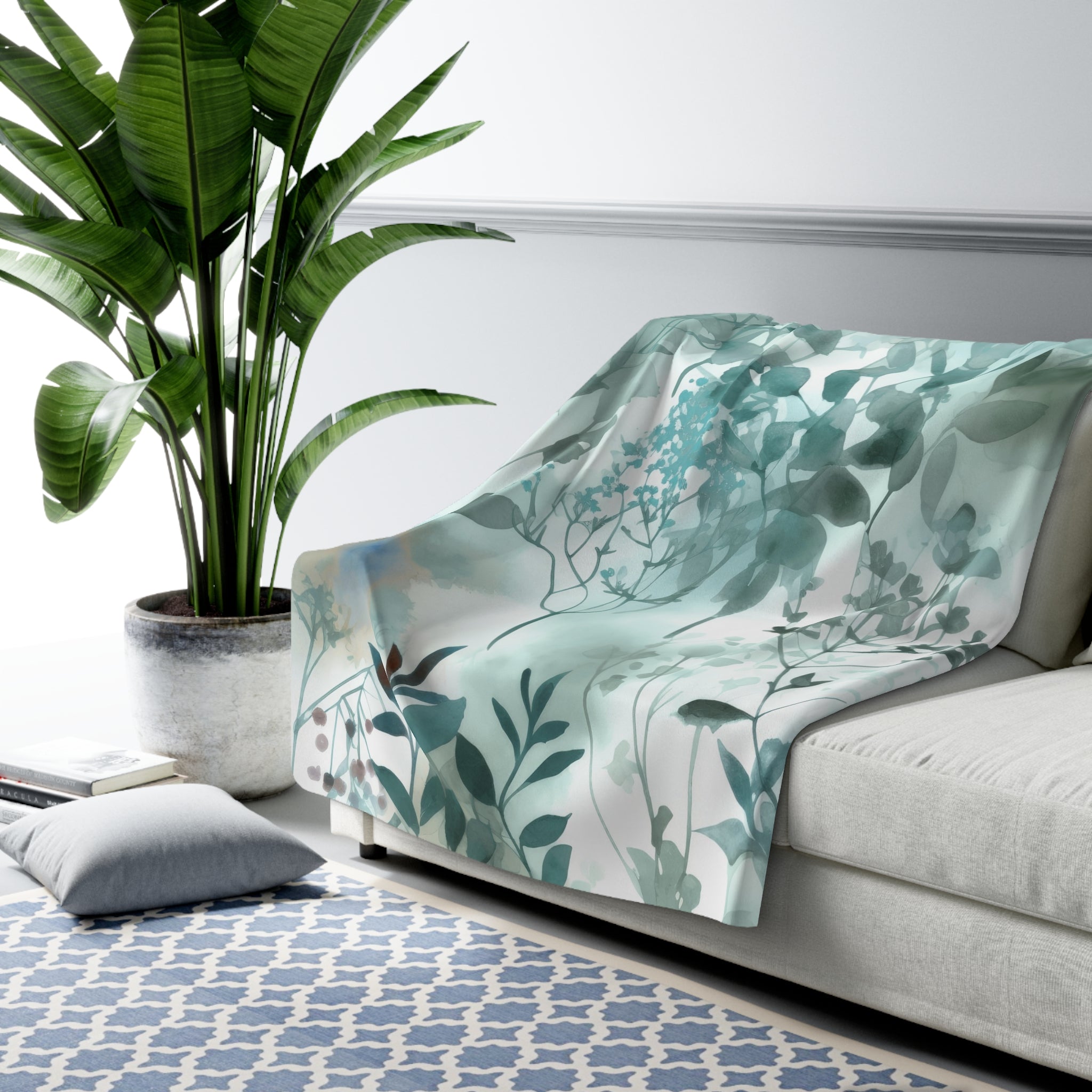 Abstract Floral Throw Blanket | Teal Green Watercolor