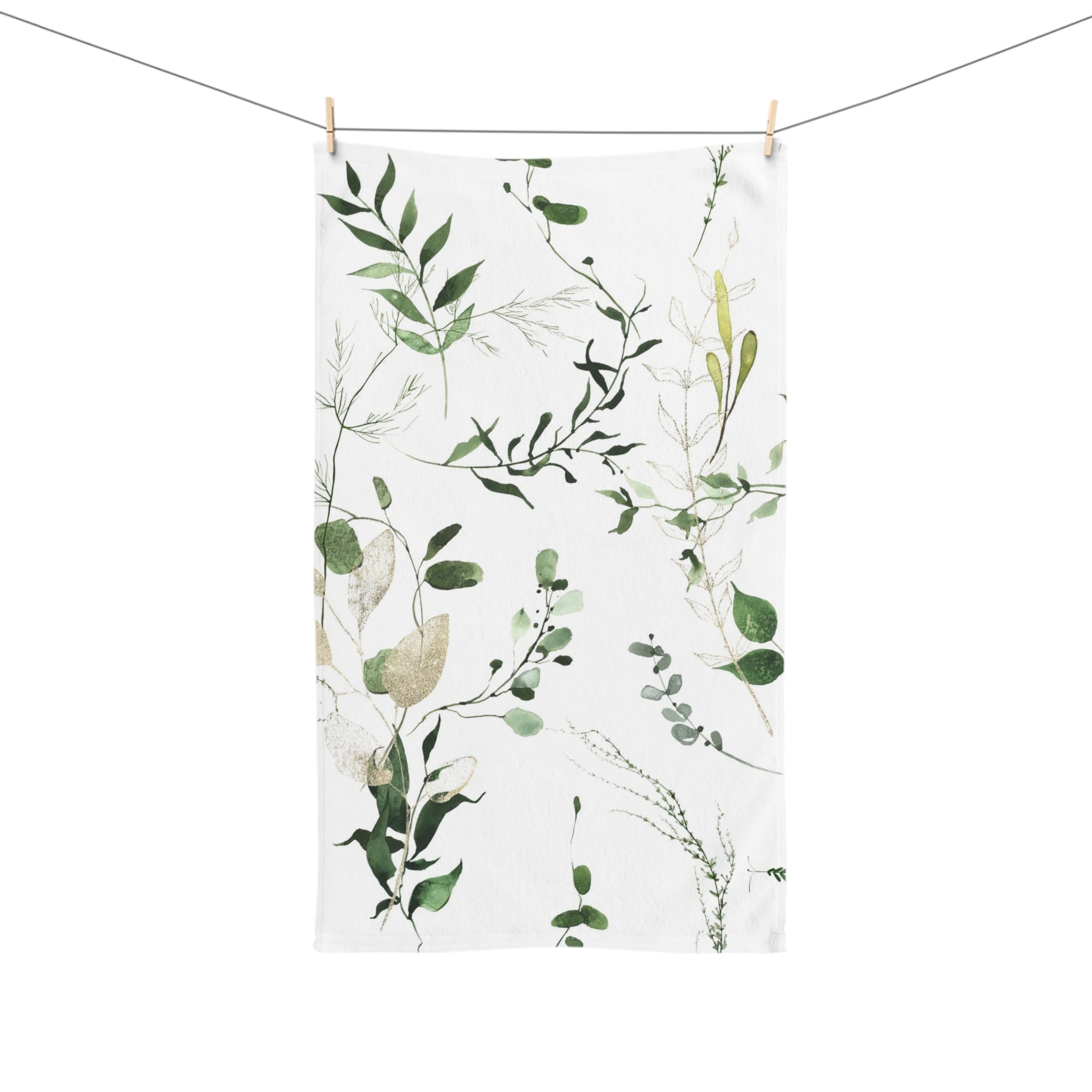 Floral Boho Kitchen, Bath Hand Towel | Watercolor White Forest Green Leaves