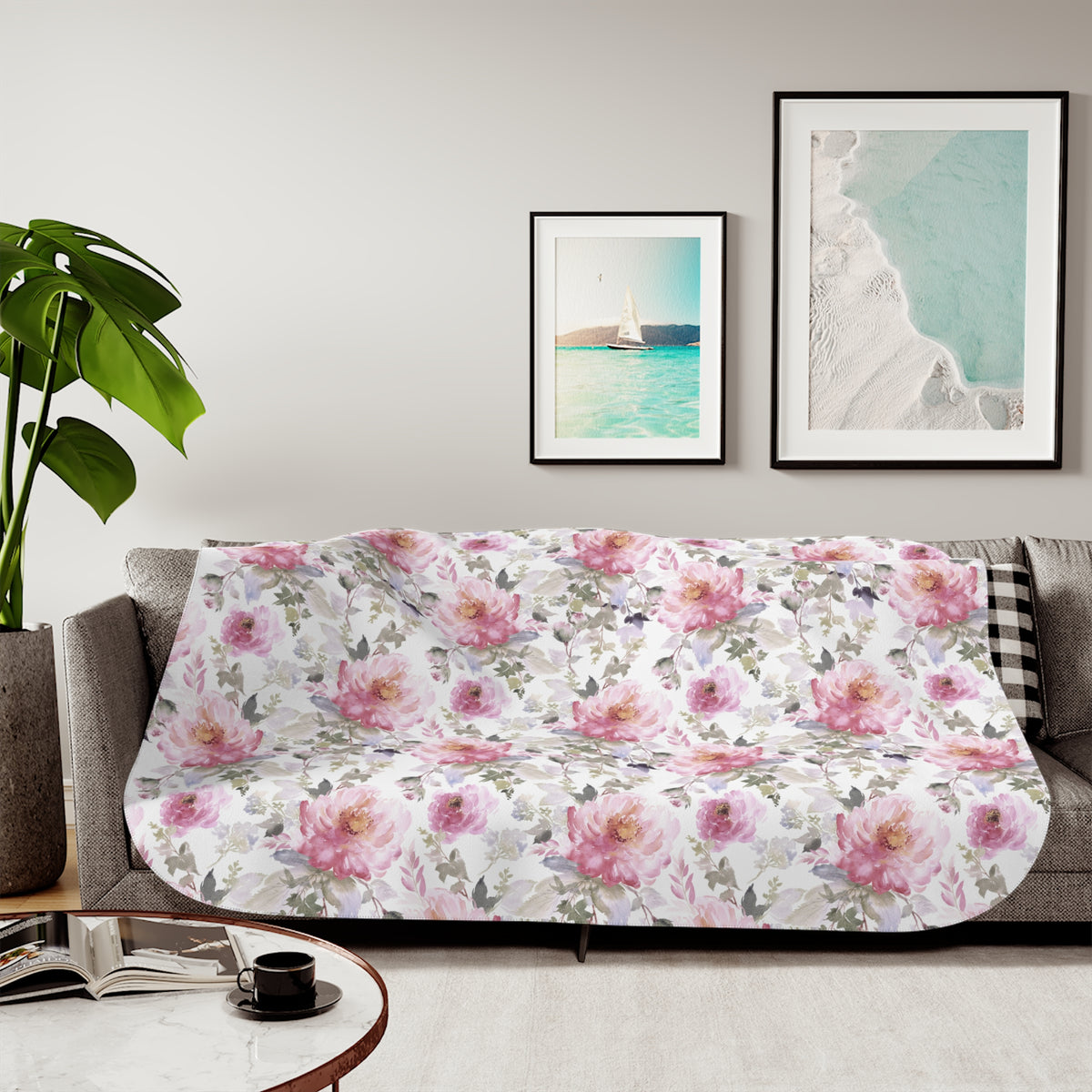 Pink Watercolor Peony Sherpa Blanket | Blush Sage Floral Throw