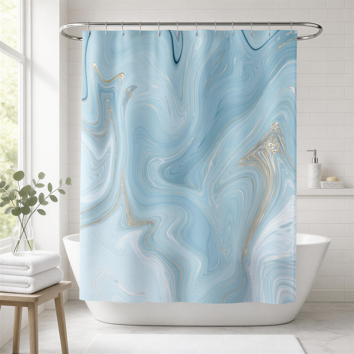 a bathroom with a marble-style shower curtain featuring blue and gold swirls. The curtain is hanging from a rod above a white bathtub.