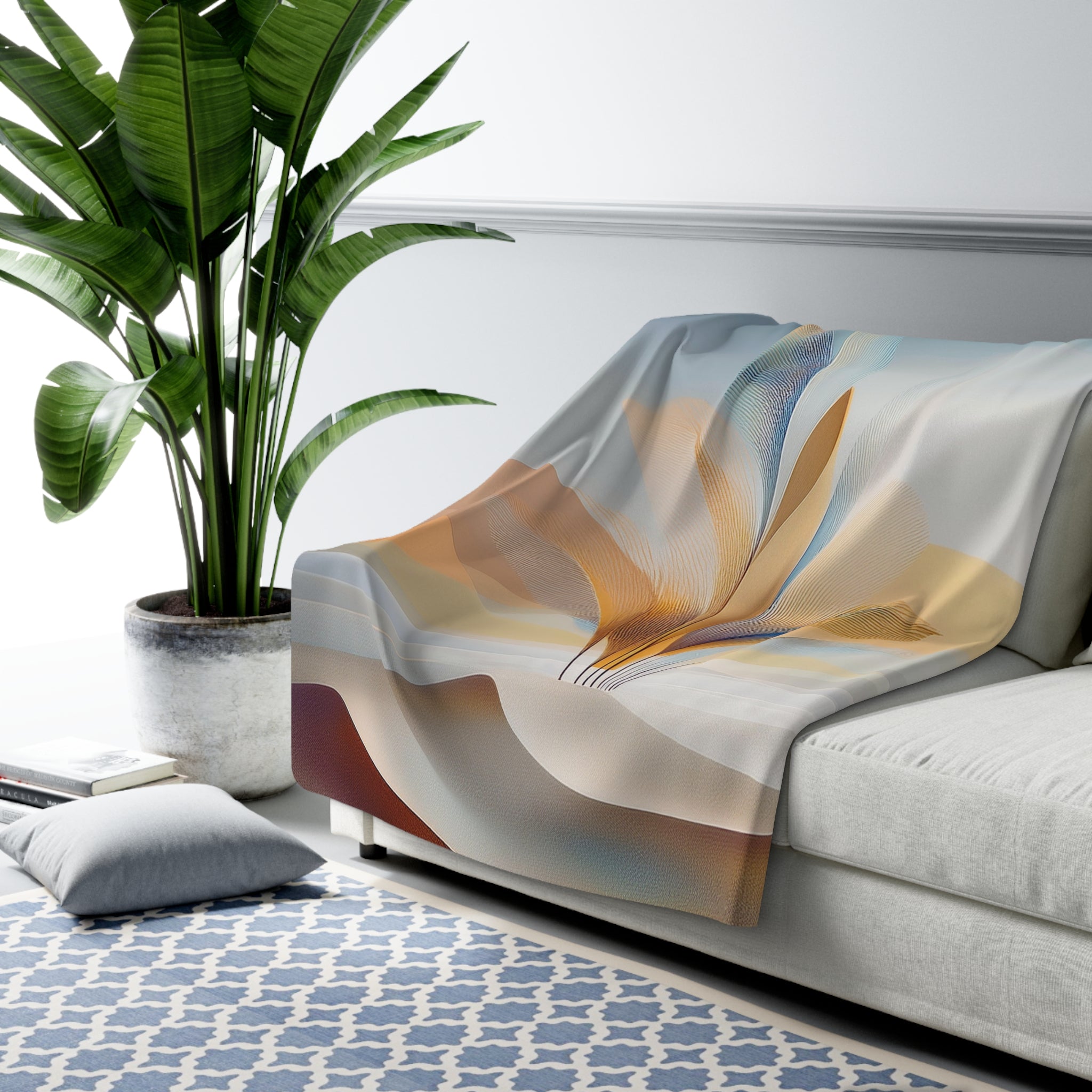 Floral Throw Blanket | Boho Blue Yellow Leaves, Hills