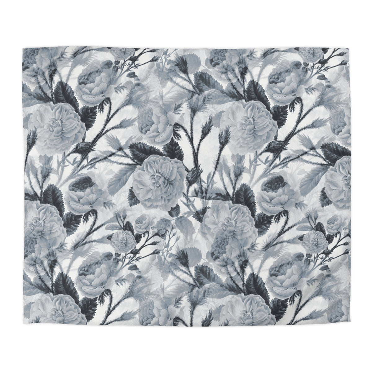 a repeating pattern of black and white flowers and leaves, creating a visually striking and intricate design.