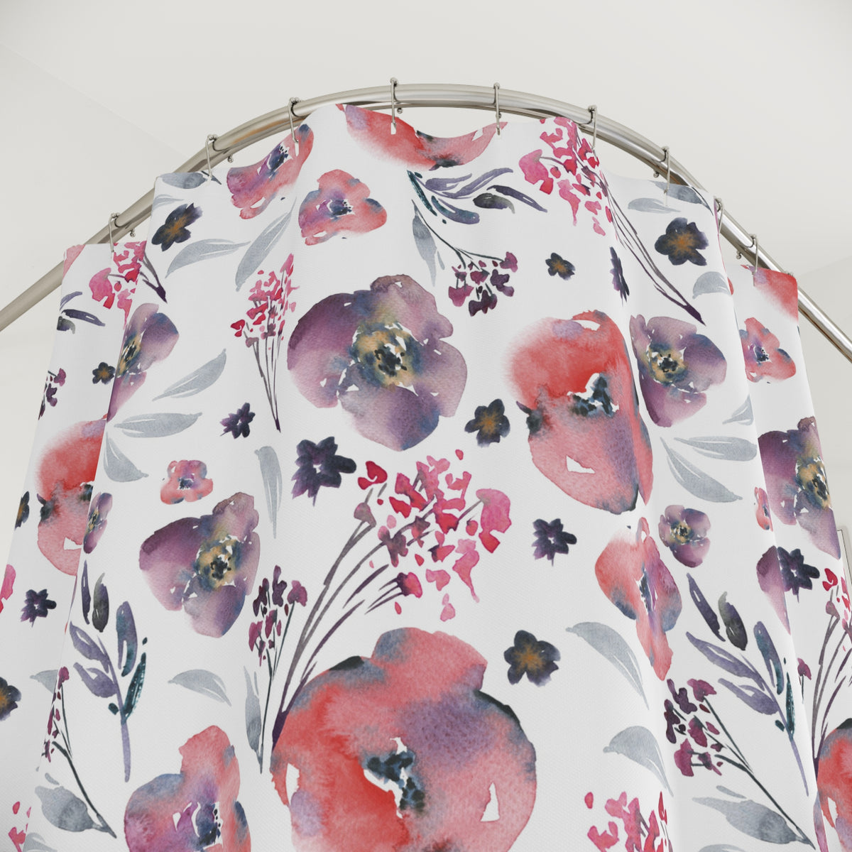 Coral Purple Watercolor Poppy Shower Curtain, Bath Curtain 71x74