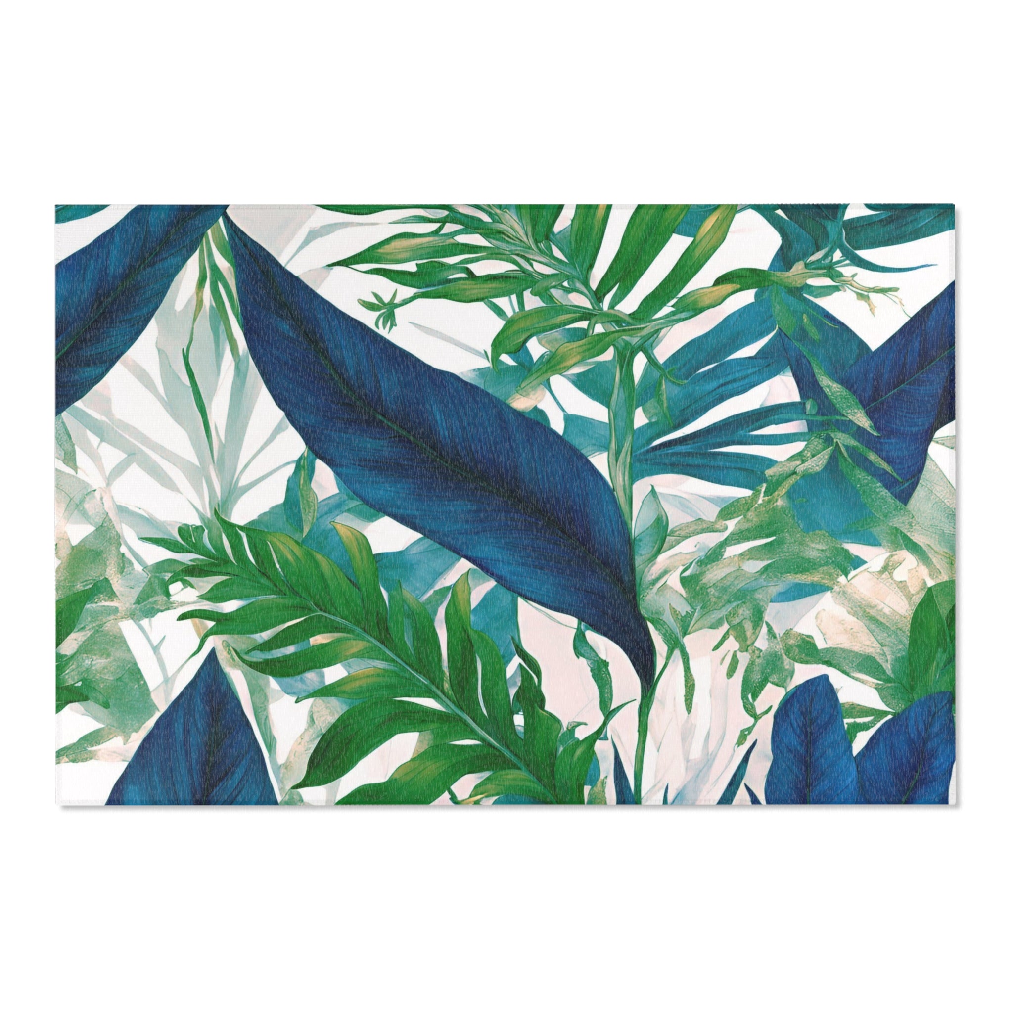 Tropical Floral Area Rug | Coastal Indigo Blue, Emerald Green