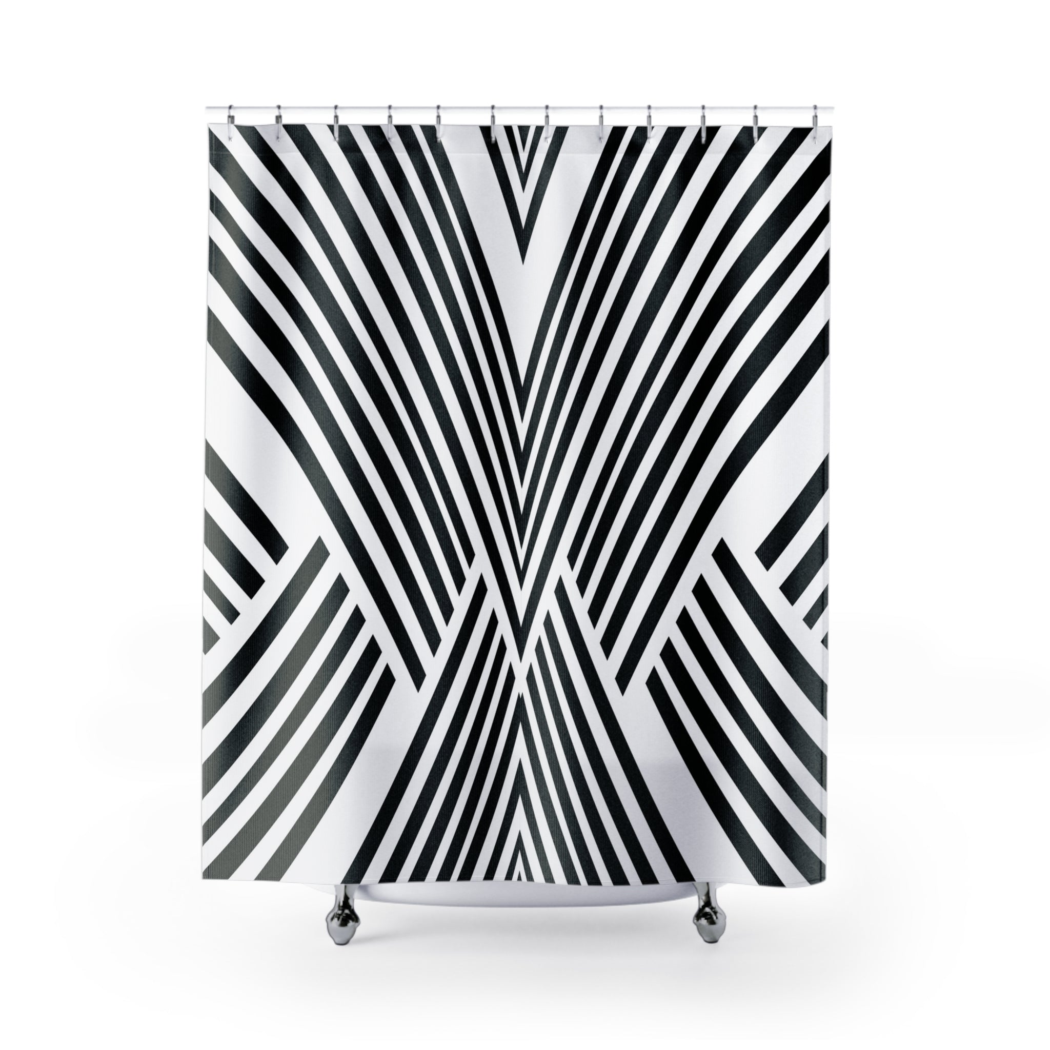 a modern shower curtain with black and white stripes