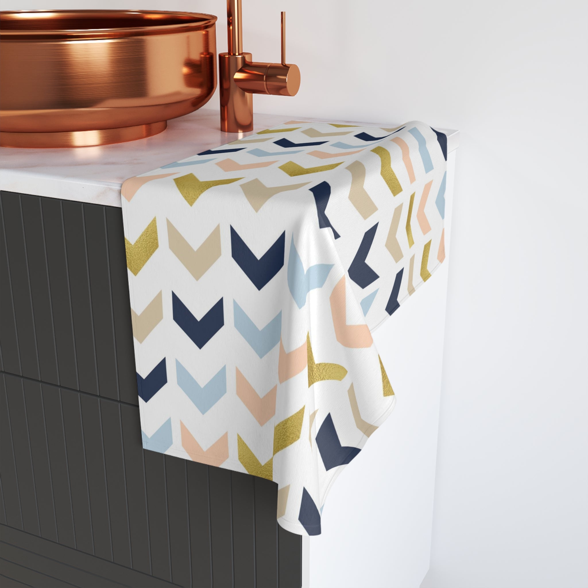 Abstract Kitchen, Bath Hand Towel | Chevron Navy Blue, Beige Arrows