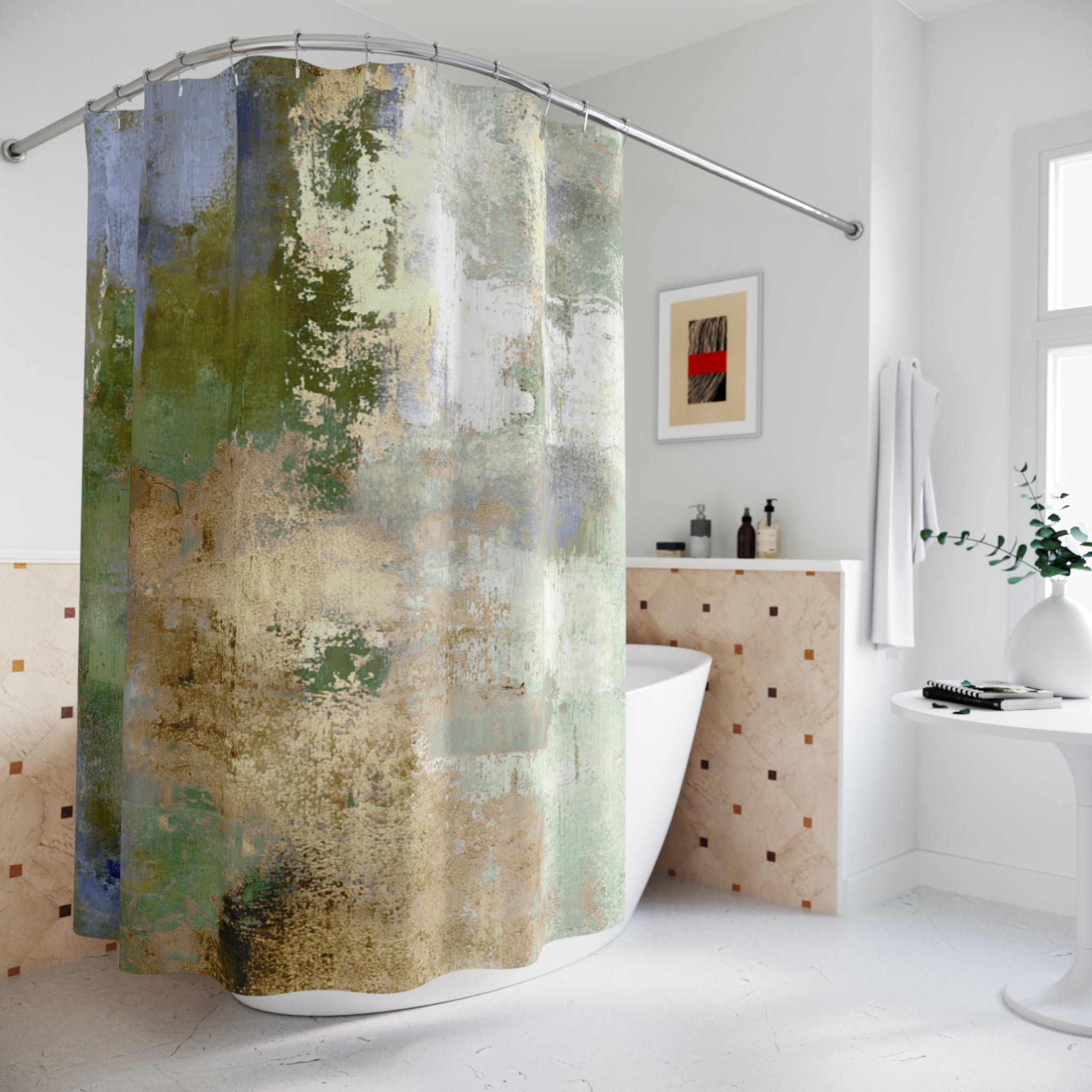 Boho Shower Curtain | Abstract Green Beige Bathroom Decor