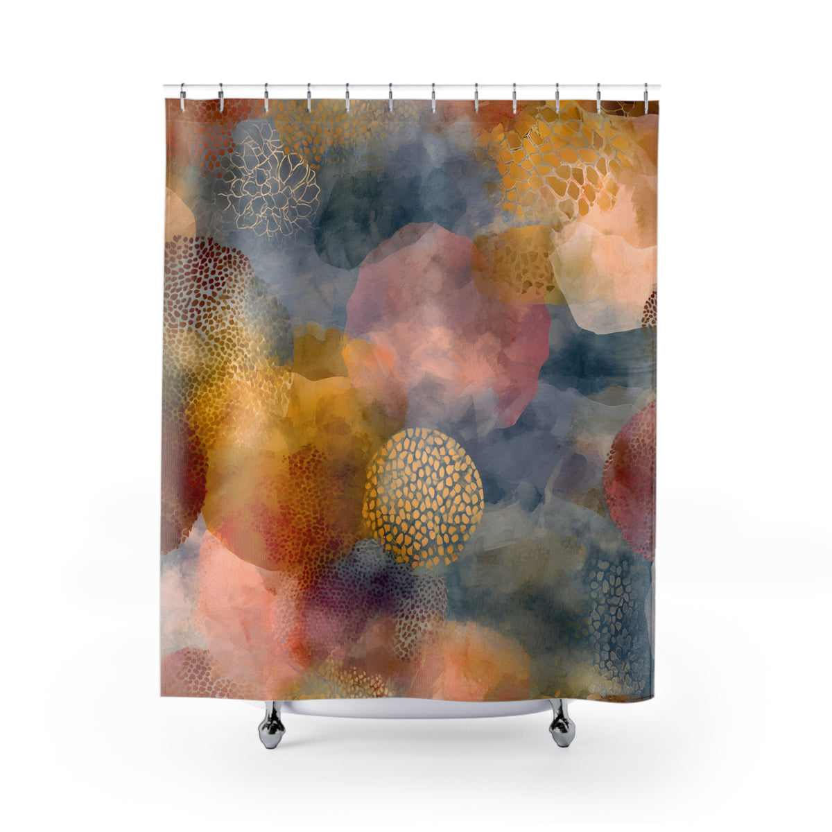 a vibrant abstract pattern with a mix of warm and cool colors, including shades of orange, pink, blue, and gray. The pattern appears to be a watercolor-like effect, with various shapes and textures that create a dynamic and visually interesting composition.