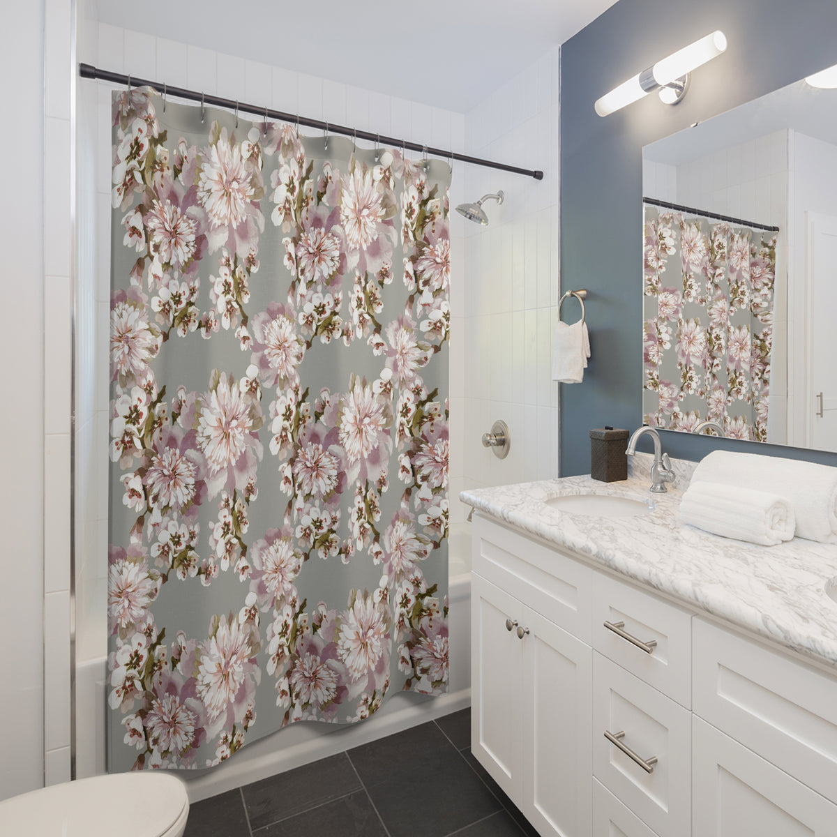 Grey Blush Cherry Blossom Shower Curtain, Bath Curtain 71x74