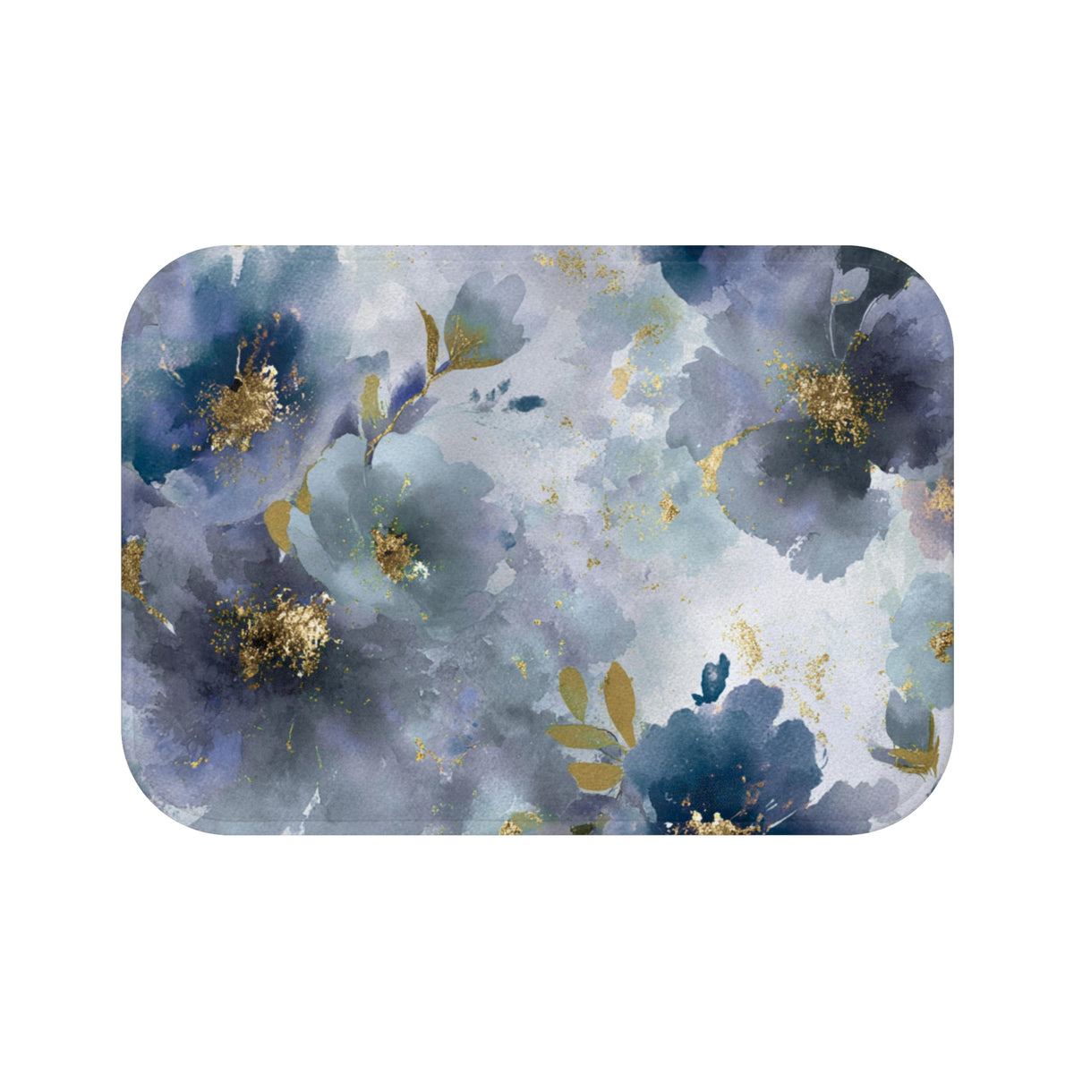 a floral pattern with blue and gold colors, including large blue flowers with gold accents and smaller blue flowers with gold accents.