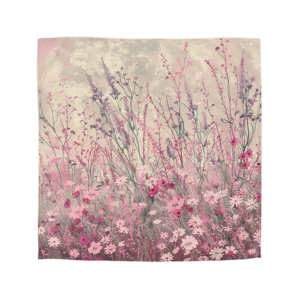 a field of tall grass with various pink and white flowers blooming amidst the grass.