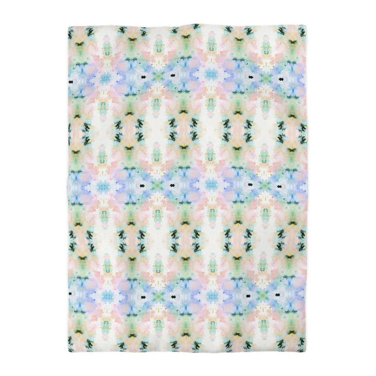 a repeating pattern of a colorful abstract design with various shades of blue, pink, green, and yellow.