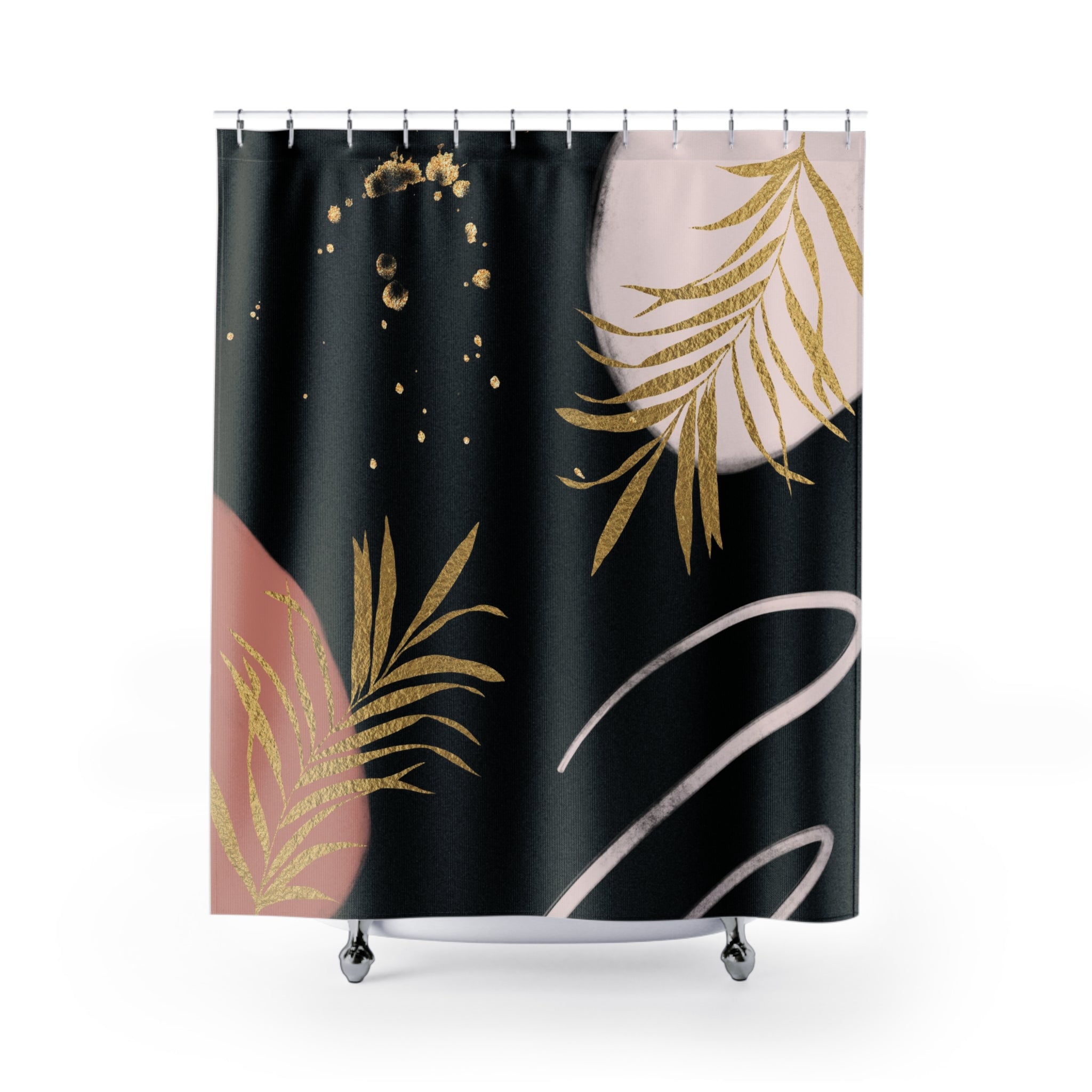 a shower curtain with a black and gold design