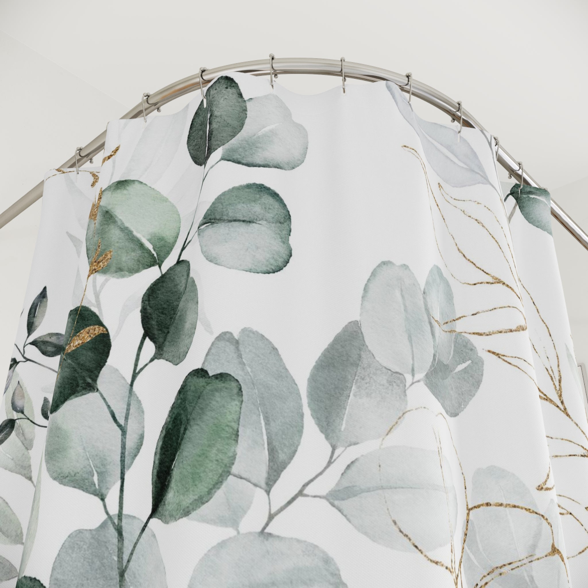Sage Green White, Eucalyptus Leaves, Botanical Shower Curtain