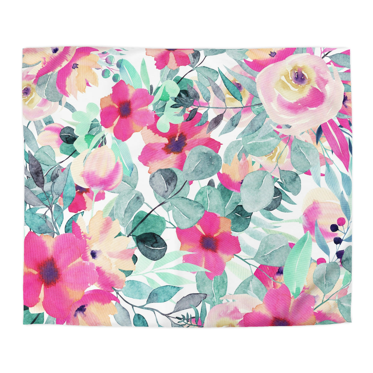 The image is a vibrant and colorful floral print featuring a variety of pink, yellow, and green flowers and leaves.